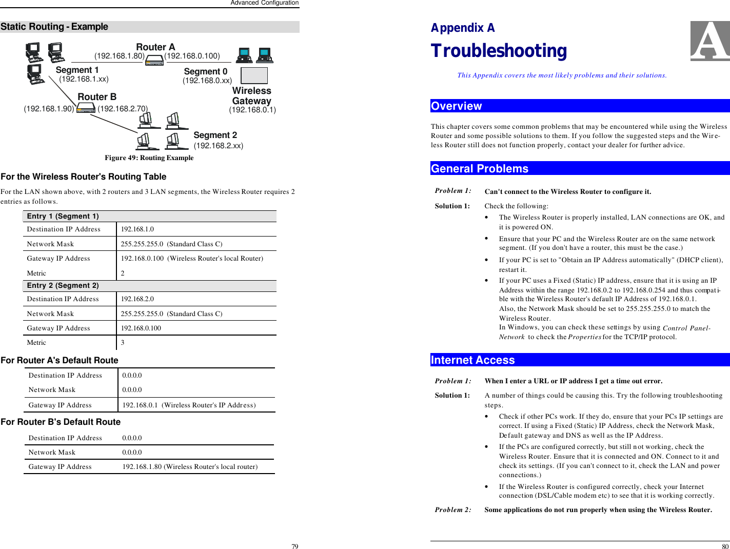 Advanced Configuration 79 Static Routing - Example  Router B(192.168.1.90) (192.168.2.70)Router ASegment 0Segment 2Segment 1Wireless(192.168.0.xx)(192.168.1.xx)(192.168.0.100)(192.168.2.xx)(192.168.1.80)Gateway(192.168.0.1) Figure 49: Routing Example For the Wireless Router&apos;s Routing Table For the LAN shown above, with 2 routers and 3 LAN segments, the Wireless Router requires 2 entries as follows. Entry 1 (Segment 1) Destination IP Address 192.168.1.0 Network Mask 255.255.255.0  (Standard Class C) Gateway IP Address 192.168.0.100  (Wireless Router&apos;s local Router) Metric 2 Entry 2 (Segment 2) Destination IP Address 192.168.2.0 Network Mask 255.255.255.0  (Standard Class C) Gateway IP Address 192.168.0.100 Metric 3 For Router A&apos;s Default Route  Destination IP Address 0.0.0.0 Network Mask 0.0.0.0 Gateway IP Address 192.168.0.1  (Wireless Router&apos;s IP Address) For Router B&apos;s Default Route Destination IP Address 0.0.0.0 Network Mask 0.0.0.0 Gateway IP Address 192.168.1.80 (Wireless Router&apos;s local router)   80 Appendix A Troubleshooting This Appendix covers the most likely problems and their solutions. Overview This chapter covers some common problems that may be encountered while using the Wireless Router and some possible solutions to them. If you follow the suggested steps and the Wire-less Router still does not function properly, contact your dealer for further advice. General Problems Problem 1: Can&apos;t connect to the Wireless Router to configure it. Solution 1: Check the following: • The Wireless Router is properly installed, LAN connections are OK, and it is powered ON. • Ensure that your PC and the Wireless Router are on the same network segment. (If you don&apos;t have a router, this must be the case.)  • If your PC is set to &quot;Obtain an IP Address automatically&quot; (DHCP client), restart it. • If your PC uses a Fixed (Static) IP address, ensure that it is using an IP Address within the range 192.168.0.2 to 192.168.0.254 and thus compati-ble with the Wireless Router&apos;s default IP Address of 192.168.0.1.  Also, the Network Mask should be set to 255.255.255.0 to match the Wireless Router. In Windows, you can check these settings by using Control Panel-Network  to check the Properties for the TCP/IP protocol.  Internet Access Problem 1: When I enter a URL or IP address I get a time out error. Solution 1: A number of things could be causing this. Try the following troubleshooting steps. • Check if other PCs work. If they do, ensure that your PCs IP settings are correct. If using a Fixed (Static) IP Address, check the Network Mask, Default gateway and DNS as well as the IP Address. • If the PCs are configured correctly, but still not working, check the Wireless Router. Ensure that it is connected and ON. Connect to it and check its settings. (If you can&apos;t connect to it, check the LAN and power connections.) • If the Wireless Router is configured correctly, check your Internet connection (DSL/Cable modem etc) to see that it is working correctly. Problem 2: Some applications do not run properly when using the Wireless Router. A 