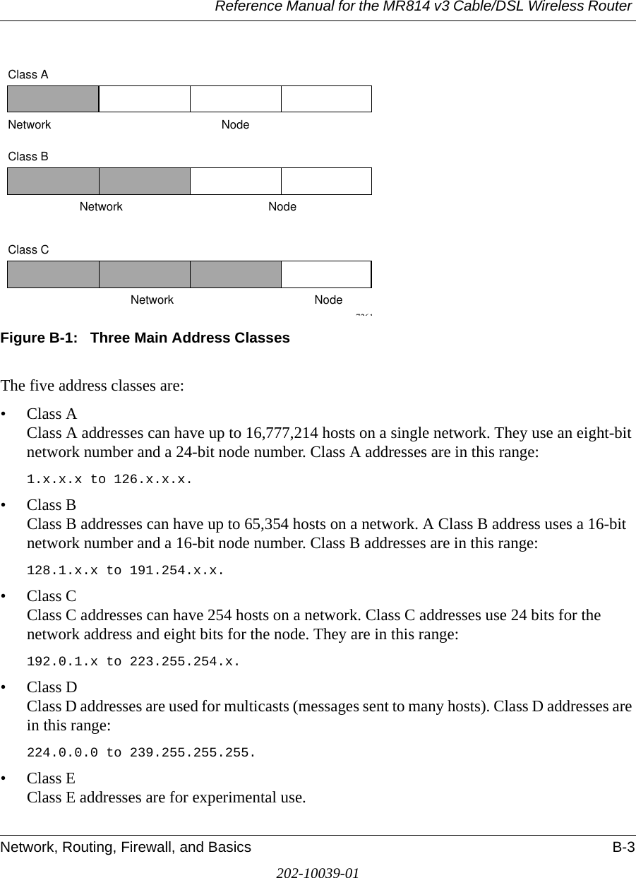 Reference Manual for the MR814 v3 Cable/DSL Wireless Router Network, Routing, Firewall, and Basics B-3202-10039-01Figure B-1:   Three Main Address ClassesThe five address classes are:• Class A Class A addresses can have up to 16,777,214 hosts on a single network. They use an eight-bit network number and a 24-bit node number. Class A addresses are in this range: 1.x.x.x to 126.x.x.x. • Class B Class B addresses can have up to 65,354 hosts on a network. A Class B address uses a 16-bit network number and a 16-bit node number. Class B addresses are in this range: 128.1.x.x to 191.254.x.x. • Class C Class C addresses can have 254 hosts on a network. Class C addresses use 24 bits for the network address and eight bits for the node. They are in this range:192.0.1.x to 223.255.254.x. • Class D Class D addresses are used for multicasts (messages sent to many hosts). Class D addresses are in this range:224.0.0.0 to 239.255.255.255. • Class E Class E addresses are for experimental use. 7261Class ANetwork NodeClass BClass CNetwork NodeNetwork Node