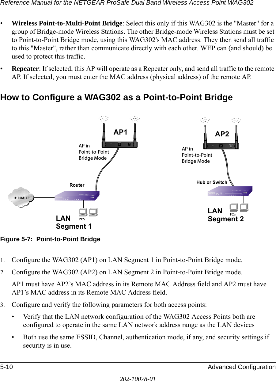 Reference Manual for the NETGEAR ProSafe Dual Band Wireless Access Point WAG3025-10 Advanced Configuration202-10078-01•Wireless Point-to-Multi-Point Bridge: Select this only if this WAG302 is the &quot;Master&quot; for a group of Bridge-mode Wireless Stations. The other Bridge-mode Wireless Stations must be set to Point-to-Point Bridge mode, using this WAG302&apos;s MAC address. They then send all traffic to this &quot;Master&quot;, rather than communicate directly with each other. WEP can (and should) be used to protect this traffic. •Repeater: If selected, this AP will operate as a Repeater only, and send all traffic to the remote AP. If selected, you must enter the MAC address (physical address) of the remote AP. How to Configure a WAG302 as a Point-to-Point Bridge Figure 5-7:  Point-to-Point Bridge1. Configure the WAG302 (AP1) on LAN Segment 1 in Point-to-Point Bridge mode.2. Configure the WAG302 (AP2) on LAN Segment 2 in Point-to-Point Bridge mode. AP1 must have AP2’s MAC address in its Remote MAC Address field and AP2 must have AP1’s MAC address in its Remote MAC Address field.3. Configure and verify the following parameters for both access points:• Verify that the LAN network configuration of the WAG302 Access Points both are configured to operate in the same LAN network address range as the LAN devices• Both use the same ESSID, Channel, authentication mode, if any, and security settings if security is in use.LANSegment 1RouterAP inPoint-to-PointBridge ModeAP inPoint-to-PointBridge ModeLANSegment 2Hub or SwitchAP1ETHERNETRESET5-12V DCAP2ETHERNETRESET5-12V DC