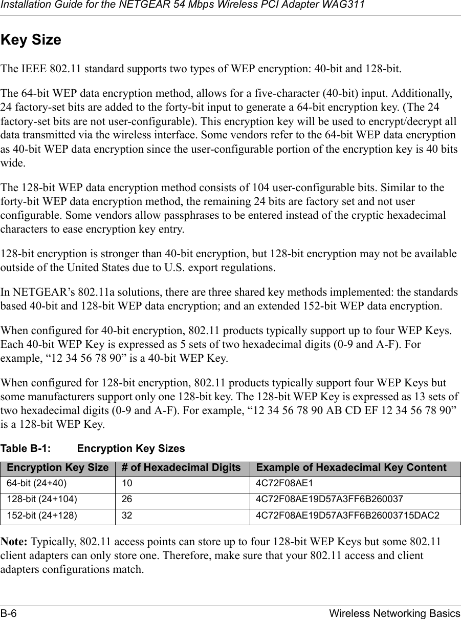 Installation Guide for the NETGEAR 54 Mbps Wireless PCI Adapter WAG311B-6 Wireless Networking BasicsKey SizeThe IEEE 802.11 standard supports two types of WEP encryption: 40-bit and 128-bit.The 64-bit WEP data encryption method, allows for a five-character (40-bit) input. Additionally, 24 factory-set bits are added to the forty-bit input to generate a 64-bit encryption key. (The 24 factory-set bits are not user-configurable). This encryption key will be used to encrypt/decrypt all data transmitted via the wireless interface. Some vendors refer to the 64-bit WEP data encryption as 40-bit WEP data encryption since the user-configurable portion of the encryption key is 40 bits wide.The 128-bit WEP data encryption method consists of 104 user-configurable bits. Similar to the forty-bit WEP data encryption method, the remaining 24 bits are factory set and not user configurable. Some vendors allow passphrases to be entered instead of the cryptic hexadecimal characters to ease encryption key entry.128-bit encryption is stronger than 40-bit encryption, but 128-bit encryption may not be available outside of the United States due to U.S. export regulations. In NETGEAR’s 802.11a solutions, there are three shared key methods implemented: the standards based 40-bit and 128-bit WEP data encryption; and an extended 152-bit WEP data encryption.When configured for 40-bit encryption, 802.11 products typically support up to four WEP Keys. Each 40-bit WEP Key is expressed as 5 sets of two hexadecimal digits (0-9 and A-F). For example, “12 34 56 78 90” is a 40-bit WEP Key.When configured for 128-bit encryption, 802.11 products typically support four WEP Keys but some manufacturers support only one 128-bit key. The 128-bit WEP Key is expressed as 13 sets of two hexadecimal digits (0-9 and A-F). For example, “12 34 56 78 90 AB CD EF 12 34 56 78 90” is a 128-bit WEP Key.Table B-1: Encryption Key SizesNote: Typically, 802.11 access points can store up to four 128-bit WEP Keys but some 802.11 client adapters can only store one. Therefore, make sure that your 802.11 access and client adapters configurations match.Encryption Key Size # of Hexadecimal Digits Example of Hexadecimal Key Content64-bit (24+40) 10 4C72F08AE1128-bit (24+104) 26 4C72F08AE19D57A3FF6B260037152-bit (24+128) 32 4C72F08AE19D57A3FF6B26003715DAC2 