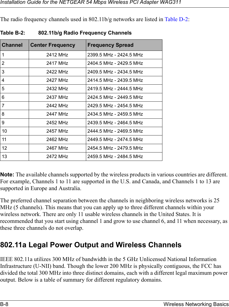 Installation Guide for the NETGEAR 54 Mbps Wireless PCI Adapter WAG311B-8 Wireless Networking BasicsThe radio frequency channels used in 802.11b/g networks are listed in Table D-2:Note: The available channels supported by the wireless products in various countries are different. For example, Channels 1 to 11 are supported in the U.S. and Canada, and Channels 1 to 13 are supported in Europe and Australia.The preferred channel separation between the channels in neighboring wireless networks is 25 MHz (5 channels). This means that you can apply up to three different channels within your wireless network. There are only 11 usable wireless channels in the United States. It is recommended that you start using channel 1 and grow to use channel 6, and 11 when necessary, as these three channels do not overlap.802.11a Legal Power Output and Wireless ChannelsIEEE 802.11a utilizes 300 MHz of bandwidth in the 5 GHz Unlicensed National Information Infrastructure (U-NII) band. Though the lower 200 MHz is physically contiguous, the FCC has divided the total 300 MHz into three distinct domains, each with a different legal maximum power output. Below is a table of summary for different regulatory domains.Table B-2: 802.11b/g Radio Frequency ChannelsChannel Center Frequency Frequency Spread1 2412 MHz 2399.5 MHz - 2424.5 MHz2 2417 MHz 2404.5 MHz - 2429.5 MHz3 2422 MHz 2409.5 MHz - 2434.5 MHz4 2427 MHz 2414.5 MHz - 2439.5 MHz5 2432 MHz 2419.5 MHz - 2444.5 MHz6 2437 MHz 2424.5 MHz - 2449.5 MHz7 2442 MHz 2429.5 MHz - 2454.5 MHz8 2447 MHz 2434.5 MHz - 2459.5 MHz9 2452 MHz 2439.5 MHz - 2464.5 MHz10 2457 MHz 2444.5 MHz - 2469.5 MHz11 2462 MHz 2449.5 MHz - 2474.5 MHz12 2467 MHz 2454.5 MHz - 2479.5 MHz13 2472 MHz 2459.5 MHz - 2484.5 MHz