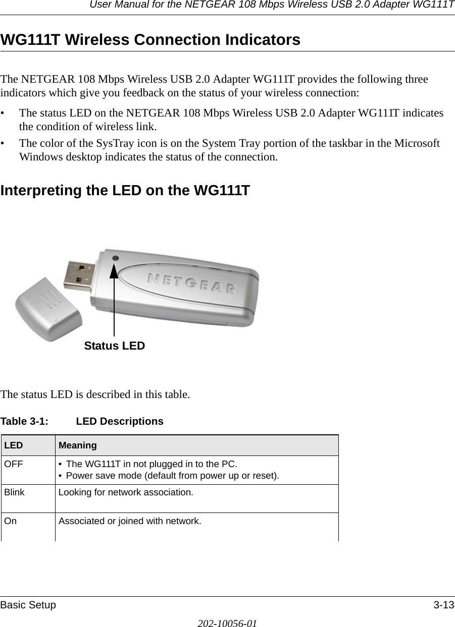 User Manual for the NETGEAR 108 Mbps Wireless USB 2.0 Adapter WG111TBasic Setup 3-13202-10056-01WG111T Wireless Connection Indicators The NETGEAR 108 Mbps Wireless USB 2.0 Adapter WG111T provides the following three indicators which give you feedback on the status of your wireless connection:• The status LED on the NETGEAR 108 Mbps Wireless USB 2.0 Adapter WG111T indicates the condition of wireless link. • The color of the SysTray icon is on the System Tray portion of the taskbar in the Microsoft Windows desktop indicates the status of the connection.Interpreting the LED on the WG111TThe status LED is described in this table.Table 3-1: LED DescriptionsLED  MeaningOFF • The WG111T in not plugged in to the PC.• Power save mode (default from power up or reset).Blink Looking for network association.On Associated or joined with network.Status LED