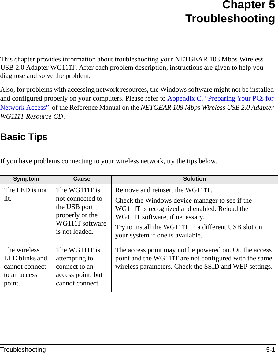 Troubleshooting 5-1Chapter 5 TroubleshootingThis chapter provides information about troubleshooting your NETGEAR 108 Mbps Wireless USB 2.0 Adapter WG111T. After each problem description, instructions are given to help you diagnose and solve the problem.Also, for problems with accessing network resources, the Windows software might not be installed and configured properly on your computers. Please refer to Appendix C, “Preparing Your PCs for Network Access”  of the Reference Manual on the NETGEAR 108 Mbps Wireless USB 2.0 Adapter WG111T Resource CD.Basic TipsIf you have problems connecting to your wireless network, try the tips below.Symptom Cause SolutionThe LED is not lit. The WG111T is not connected to the USB port properly or the WG111T software is not loaded. Remove and reinsert the WG111T.Check the Windows device manager to see if the WG111T is recognized and enabled. Reload the WG111T software, if necessary.Try to install the WG111T in a different USB slot on your system if one is available.The wireless LED blinks and cannot connect to an access point. The WG111T is attempting to connect to an access point, but cannot connect. The access point may not be powered on. Or, the access point and the WG111T are not configured with the same wireless parameters. Check the SSID and WEP settings.