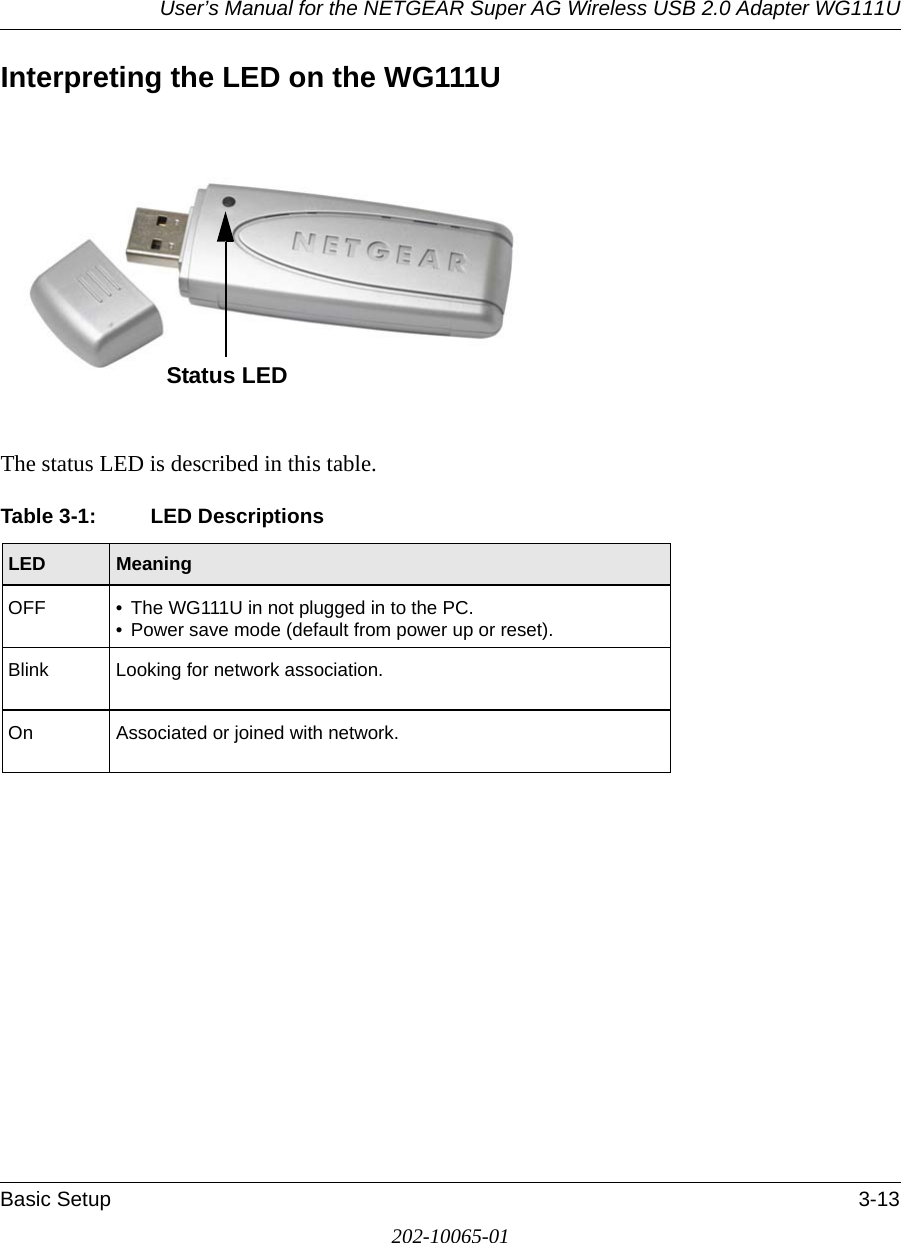 User’s Manual for the NETGEAR Super AG Wireless USB 2.0 Adapter WG111UBasic Setup 3-13202-10065-01Interpreting the LED on the WG111UThe status LED is described in this table.Table 3-1: LED DescriptionsLED  MeaningOFF • The WG111U in not plugged in to the PC.• Power save mode (default from power up or reset).Blink Looking for network association.On Associated or joined with network.Status LED