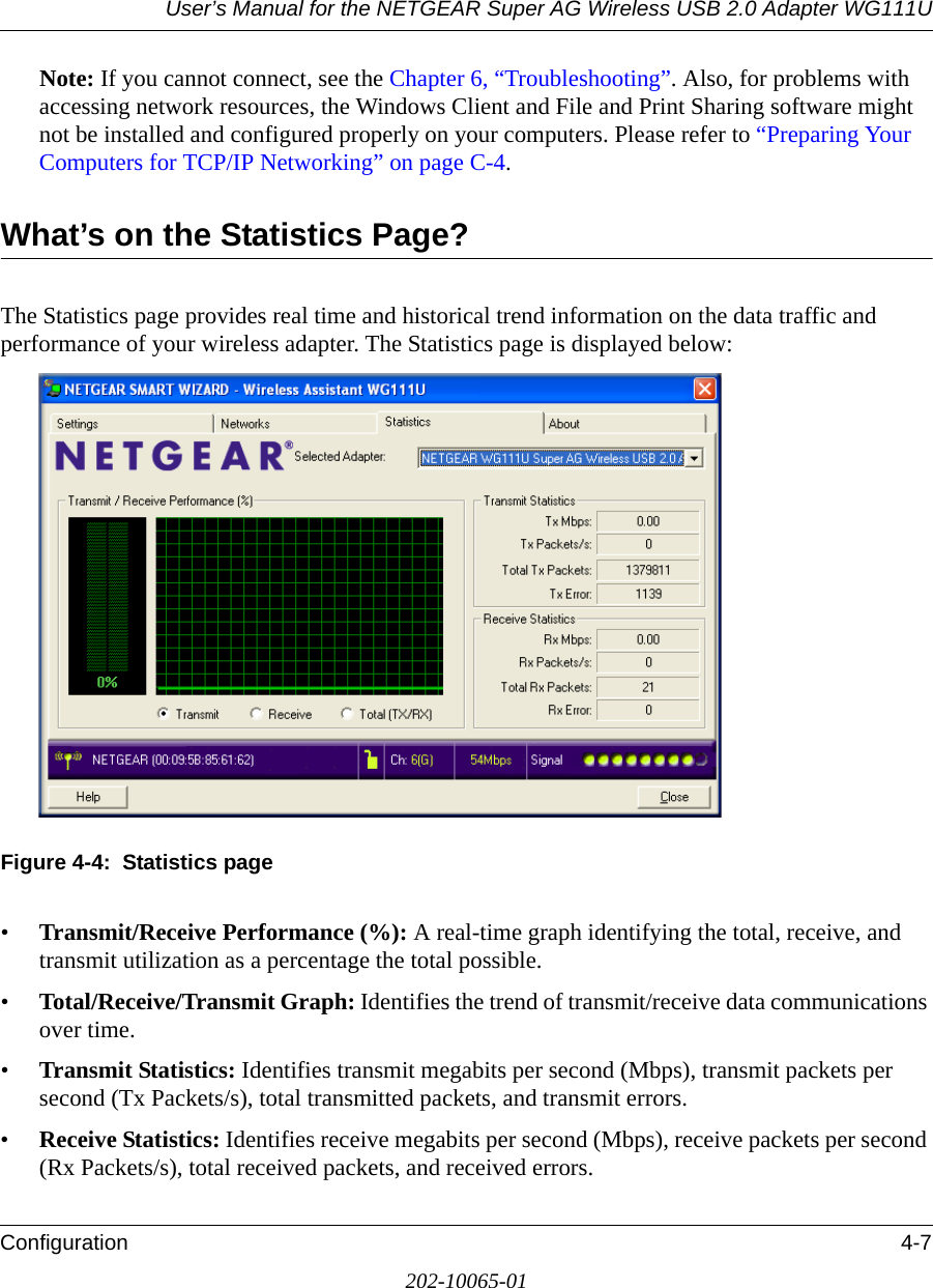 User’s Manual for the NETGEAR Super AG Wireless USB 2.0 Adapter WG111UConfiguration 4-7202-10065-01Note: If you cannot connect, see the Chapter 6, “Troubleshooting”. Also, for problems with accessing network resources, the Windows Client and File and Print Sharing software might not be installed and configured properly on your computers. Please refer to “Preparing Your Computers for TCP/IP Networking” on page C-4.What’s on the Statistics Page?The Statistics page provides real time and historical trend information on the data traffic and performance of your wireless adapter. The Statistics page is displayed below:Figure 4-4:  Statistics page•Transmit/Receive Performance (%): A real-time graph identifying the total, receive, and transmit utilization as a percentage the total possible. •Total/Receive/Transmit Graph: Identifies the trend of transmit/receive data communications over time. •Transmit Statistics: Identifies transmit megabits per second (Mbps), transmit packets per second (Tx Packets/s), total transmitted packets, and transmit errors.•Receive Statistics: Identifies receive megabits per second (Mbps), receive packets per second (Rx Packets/s), total received packets, and received errors.