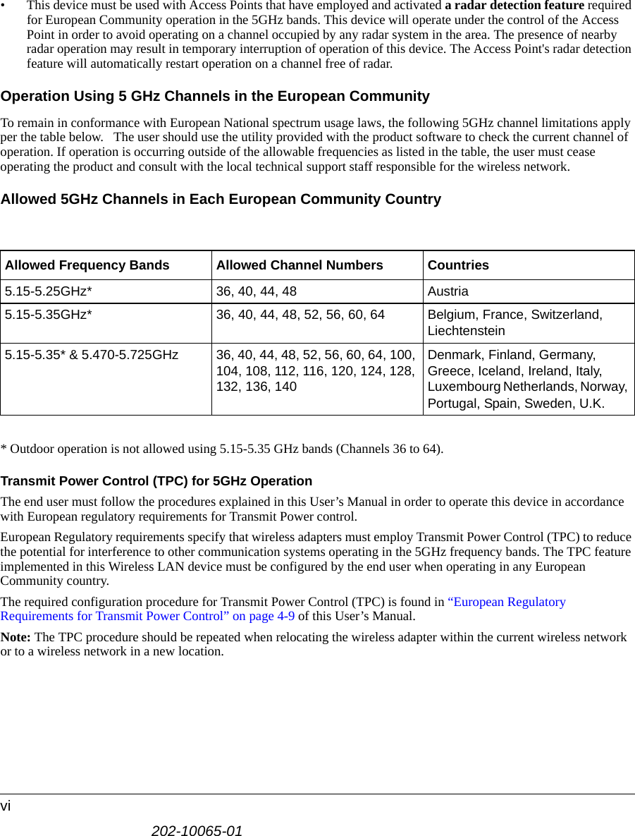 202-10065-01vi• This device must be used with Access Points that have employed and activated a radar detection feature required for European Community operation in the 5GHz bands. This device will operate under the control of the Access Point in order to avoid operating on a channel occupied by any radar system in the area. The presence of nearby radar operation may result in temporary interruption of operation of this device. The Access Point&apos;s radar detection feature will automatically restart operation on a channel free of radar. Operation Using 5 GHz Channels in the European CommunityTo remain in conformance with European National spectrum usage laws, the following 5GHz channel limitations apply per the table below.   The user should use the utility provided with the product software to check the current channel of operation. If operation is occurring outside of the allowable frequencies as listed in the table, the user must cease operating the product and consult with the local technical support staff responsible for the wireless network.Allowed 5GHz Channels in Each European Community Country* Outdoor operation is not allowed using 5.15-5.35 GHz bands (Channels 36 to 64).Transmit Power Control (TPC) for 5GHz OperationThe end user must follow the procedures explained in this User’s Manual in order to operate this device in accordance with European regulatory requirements for Transmit Power control.European Regulatory requirements specify that wireless adapters must employ Transmit Power Control (TPC) to reduce the potential for interference to other communication systems operating in the 5GHz frequency bands. The TPC feature implemented in this Wireless LAN device must be configured by the end user when operating in any European Community country. The required configuration procedure for Transmit Power Control (TPC) is found in “European Regulatory Requirements for Transmit Power Control” on page 4-9 of this User’s Manual.Note: The TPC procedure should be repeated when relocating the wireless adapter within the current wireless network or to a wireless network in a new location.Allowed Frequency Bands Allowed Channel Numbers Countries5.15-5.25GHz* 36, 40, 44, 48 Austria5.15-5.35GHz* 36, 40, 44, 48, 52, 56, 60, 64 Belgium, France, Switzerland, Liechtenstein5.15-5.35* &amp; 5.470-5.725GHz 36, 40, 44, 48, 52, 56, 60, 64, 100, 104, 108, 112, 116, 120, 124, 128, 132, 136, 140Denmark, Finland, Germany, Greece, Iceland, Ireland, Italy, Luxembourg Netherlands, Norway, Portugal, Spain, Sweden, U.K.