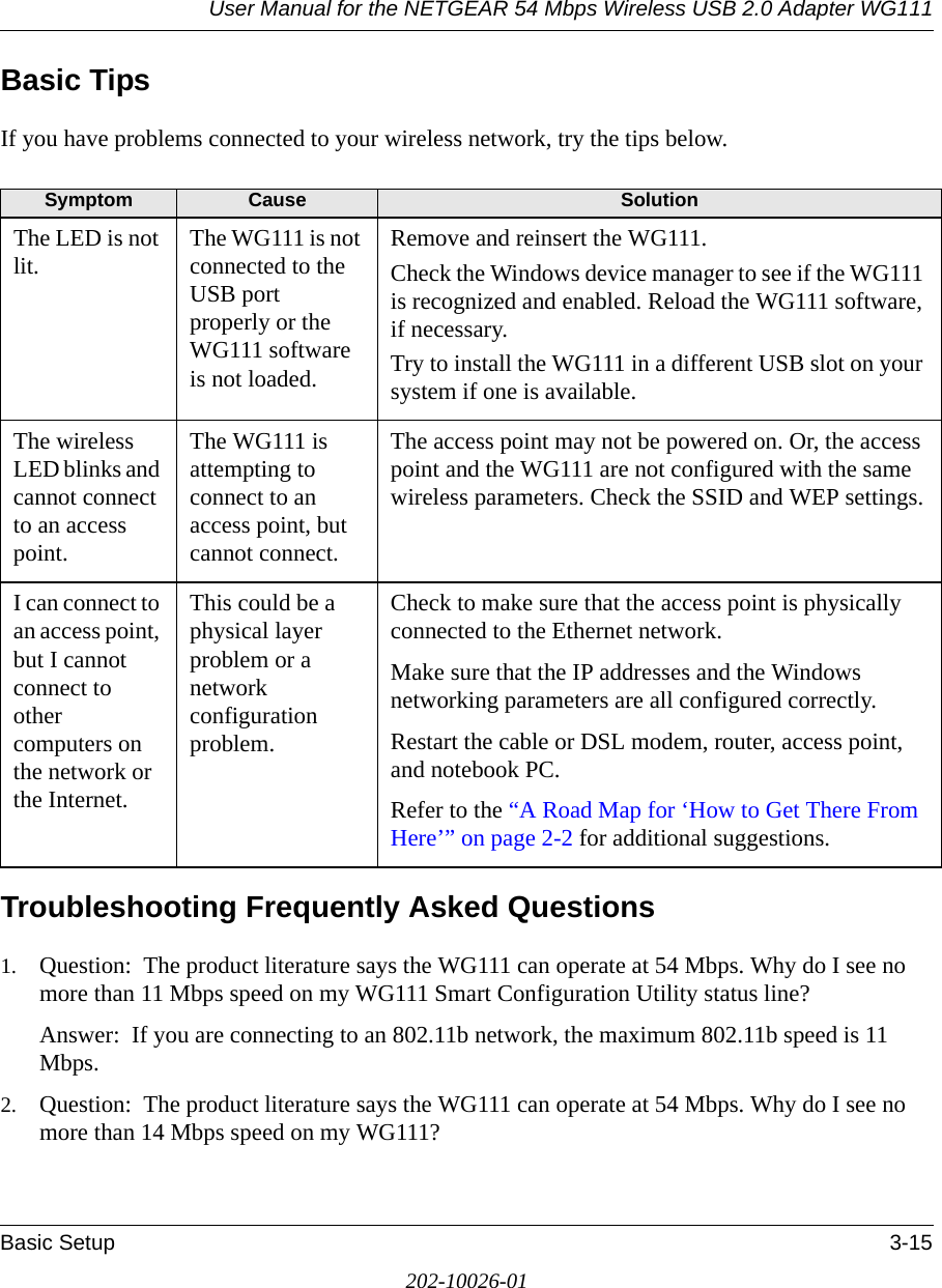 User Manual for the NETGEAR 54 Mbps Wireless USB 2.0 Adapter WG111Basic Setup 3-15202-10026-01Basic TipsIf you have problems connected to your wireless network, try the tips below.Troubleshooting Frequently Asked Questions1. Question:  The product literature says the WG111 can operate at 54 Mbps. Why do I see no more than 11 Mbps speed on my WG111 Smart Configuration Utility status line?Answer:  If you are connecting to an 802.11b network, the maximum 802.11b speed is 11 Mbps. 2. Question:  The product literature says the WG111 can operate at 54 Mbps. Why do I see no more than 14 Mbps speed on my WG111?Symptom Cause SolutionThe LED is not lit. The WG111 is not connected to the USB port properly or the WG111 software is not loaded. Remove and reinsert the WG111.Check the Windows device manager to see if the WG111 is recognized and enabled. Reload the WG111 software, if necessary.Try to install the WG111 in a different USB slot on your system if one is available.The wireless LED blinks and cannot connect to an access point. The WG111 is attempting to connect to an access point, but cannot connect. The access point may not be powered on. Or, the access point and the WG111 are not configured with the same wireless parameters. Check the SSID and WEP settings.I can connect to an access point, but I cannot connect to other computers on the network or the Internet.This could be a physical layer problem or a network configuration problem.Check to make sure that the access point is physically connected to the Ethernet network.Make sure that the IP addresses and the Windows networking parameters are all configured correctly.Restart the cable or DSL modem, router, access point, and notebook PC.Refer to the “A Road Map for ‘How to Get There From Here’” on page 2-2 for additional suggestions.