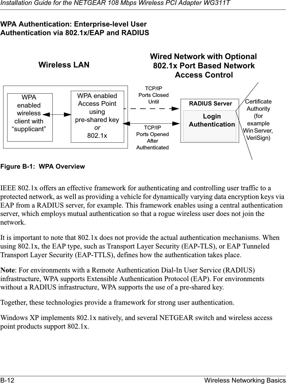Installation Guide for the NETGEAR 108 Mbps Wireless PCI Adapter WG311TB-12 Wireless Networking BasicsWPA Authentication: Enterprise-level User Authentication via 802.1x/EAP and RADIUSFigure B-1:  WPA OverviewIEEE 802.1x offers an effective framework for authenticating and controlling user traffic to a protected network, as well as providing a vehicle for dynamically varying data encryption keys via EAP from a RADIUS server, for example. This framework enables using a central authentication server, which employs mutual authentication so that a rogue wireless user does not join the network. It is important to note that 802.1x does not provide the actual authentication mechanisms. When using 802.1x, the EAP type, such as Transport Layer Security (EAP-TLS), or EAP Tunneled Transport Layer Security (EAP-TTLS), defines how the authentication takes place. Note: For environments with a Remote Authentication Dial-In User Service (RADIUS) infrastructure, WPA supports Extensible Authentication Protocol (EAP). For environments without a RADIUS infrastructure, WPA supports the use of a pre-shared key.Together, these technologies provide a framework for strong user authentication. Windows XP implements 802.1x natively, and several NETGEAR switch and wireless access point products support 802.1x. CertificateAuthority (for example Win Server,VeriSign)WPA enabled wirelessclient with “supplicant”TCP/IPPorts ClosedUntil  RADIUS ServerWired Network with Optional 802.1x Port Based Network Access ControlWPA enabledAccess Point usingpre-shared key or802.1xTCP/IPPorts OpenedAfter AuthenticatedWireless LANLoginAuthentication