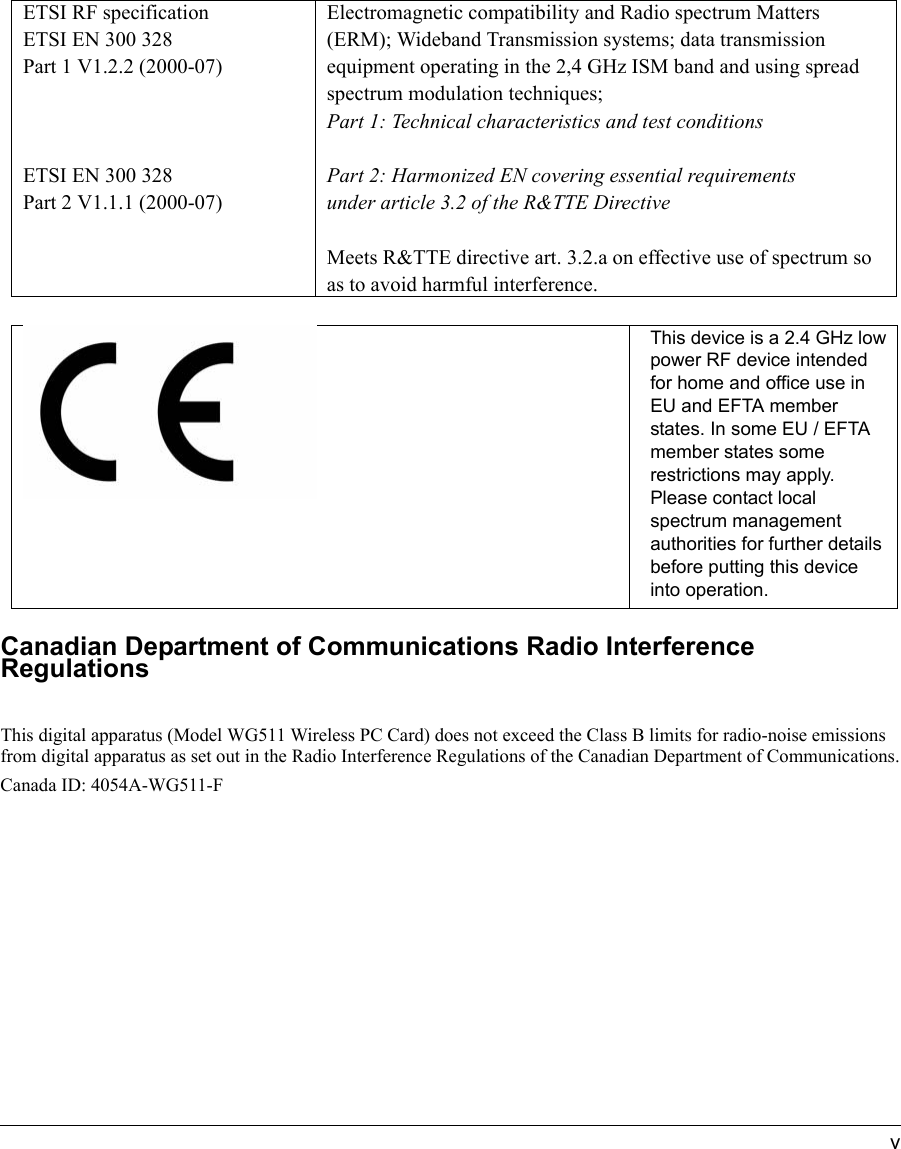  vCanadian Department of Communications Radio Interference  RegulationsThis digital apparatus (Model WG511 Wireless PC Card) does not exceed the Class B limits for radio-noise emissions from digital apparatus as set out in the Radio Interference Regulations of the Canadian Department of Communications.Canada ID: 4054A-WG511-FETSI RF specificationETSI EN 300 328Part 1 V1.2.2 (2000-07)ETSI EN 300 328Part 2 V1.1.1 (2000-07)Electromagnetic compatibility and Radio spectrum Matters (ERM); Wideband Transmission systems; data transmission equipment operating in the 2,4 GHz ISM band and using spread spectrum modulation techniques;Part 1: Technical characteristics and test conditionsPart 2: Harmonized EN covering essential requirementsunder article 3.2 of the R&amp;TTE DirectiveMeets R&amp;TTE directive art. 3.2.a on effective use of spectrum so as to avoid harmful interference.This device is a 2.4 GHz low power RF device intended for home and office use in EU and EFTA member states. In some EU / EFTA member states some restrictions may apply. Please contact local spectrum management authorities for further details before putting this device into operation.