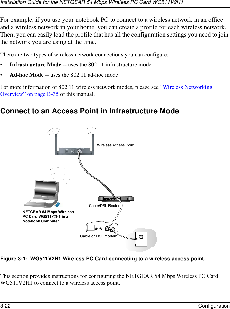 Installation Guide for the NETGEAR 54 Mbps Wireless PC Card WG511V2H13-22 Configuration For example, if you use your notebook PC to connect to a wireless network in an office and a wireless network in your home, you can create a profile for each wireless network. Then, you can easily load the profile that has all the configuration settings you need to join the network you are using at the time. There are two types of wireless network connections you can configure:•Infrastructure Mode -- uses the 802.11 infrastructure mode.•Ad-hoc Mode -- uses the 802.11 ad-hoc modeFor more information of 802.11 wireless network modes, please see “Wireless Networking Overview” on page B-35 of this manual.Connect to an Access Point in Infrastructure Mode Figure 3-1:  WG511V2H1 Wireless PC Card connecting to a wireless access point.This section provides instructions for configuring the NETGEAR 54 Mbps Wireless PC Card WG511V2H1 to connect to a wireless access point. NETGEAR 54 Mbps WirelessPC Card WG511V2H1 in aNotebook ComputerCable/DSL RouterCable or DSL modemWireless Access Point