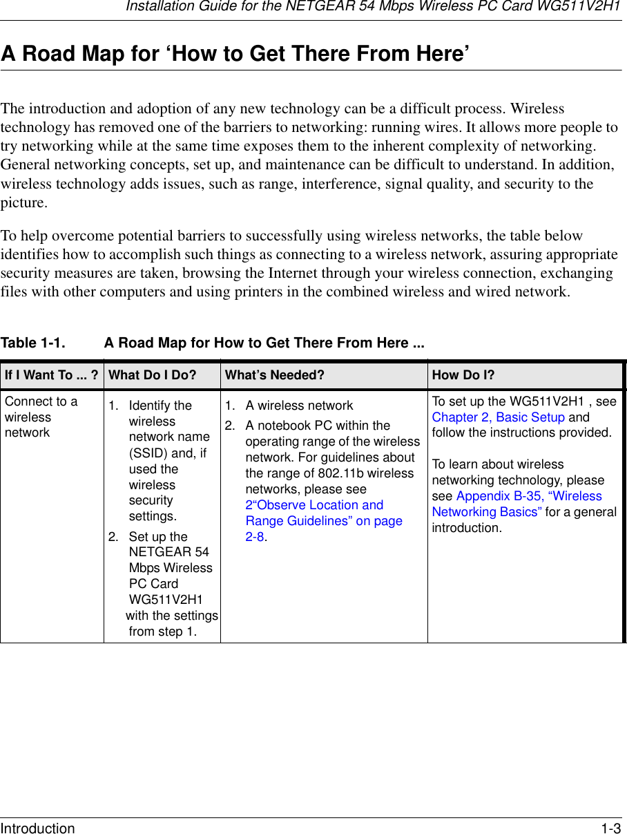 Installation Guide for the NETGEAR 54 Mbps Wireless PC Card WG511V2H1Introduction 1-3 A Road Map for ‘How to Get There From Here’The introduction and adoption of any new technology can be a difficult process. Wireless technology has removed one of the barriers to networking: running wires. It allows more people to try networking while at the same time exposes them to the inherent complexity of networking. General networking concepts, set up, and maintenance can be difficult to understand. In addition, wireless technology adds issues, such as range, interference, signal quality, and security to the picture. To help overcome potential barriers to successfully using wireless networks, the table below identifies how to accomplish such things as connecting to a wireless network, assuring appropriate security measures are taken, browsing the Internet through your wireless connection, exchanging files with other computers and using printers in the combined wireless and wired network. Table 1-1. A Road Map for How to Get There From Here ... If I Want To ... ? What Do I Do? What’s Needed? How Do I?Connect to a wireless network1. Identify the wireless network name (SSID) and, if used the wireless security settings.2. Set up the NETGEAR 54 Mbps Wireless PC Card WG511V2H1 with the settings from step 1.1. A wireless network2. A notebook PC within the operating range of the wireless network. For guidelines about the range of 802.11b wireless networks, please see 2“Observe Location and Range Guidelines” on page 2-8.To set up the WG511V2H1 , see Chapter 2, Basic Setup and follow the instructions provided.To learn about wireless networking technology, please see Appendix B-35, “Wireless Networking Basics” for a general introduction. 