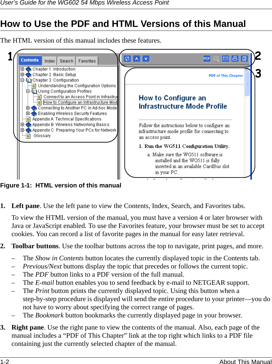 User’s Guide for the WG602 54 Mbps Wireless Access Point1-2 About This Manual How to Use the PDF and HTML Versions of this ManualThe HTML version of this manual includes these features.Figure 1-1:  HTML version of this manual1. Left pane. Use the left pane to view the Contents, Index, Search, and Favorites tabs. To view the HTML version of the manual, you must have a version 4 or later browser with Java or JavaScript enabled. To use the Favorites feature, your browser must be set to accept cookies. You can record a list of favorite pages in the manual for easy later retrieval.2. Toolbar buttons. Use the toolbar buttons across the top to navigate, print pages, and more.–The Show in Contents button locates the currently displayed topic in the Contents tab.–Previous/Next buttons display the topic that precedes or follows the current topic.–The PDF button links to a PDF version of the full manual.–The E-mail button enables you to send feedback by e-mail to NETGEAR support. –The Print button prints the currently displayed topic. Using this button when a step-by-step procedure is displayed will send the entire procedure to your printer—you do not have to worry about specifying the correct range of pages.–The Bookmark button bookmarks the currently displayed page in your browser.3. Right pane. Use the right pane to view the contents of the manual. Also, each page of the manual includes a “PDF of This Chapter” link at the top right which links to a PDF file containing just the currently selected chapter of the manual.123