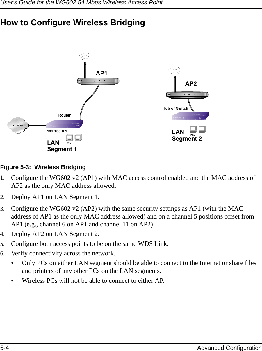 User’s Guide for the WG602 54 Mbps Wireless Access Point5-4 Advanced Configuration How to Configure Wireless BridgingFigure 5-3:  Wireless Bridging 1. Configure the WG602 v2 (AP1) with MAC access control enabled and the MAC address of AP2 as the only MAC address allowed. 2. Deploy AP1 on LAN Segment 1.3. Configure the WG602 v2 (AP2) with the same security settings as AP1 (with the MAC address of AP1 as the only MAC address allowed) and on a channel 5 positions offset from AP1 (e.g., channel 6 on AP1 and channel 11 on AP2). 4. Deploy AP2 on LAN Segment 2.5. Configure both access points to be on the same WDS Link.6. Verify connectivity across the network. • Only PCs on either LAN segment should be able to connect to the Internet or share files and printers of any other PCs on the LAN segments. • Wireless PCs will not be able to connect to either AP.LANSegment 1192.168.0.1RouterAP1ETHERNETAP2LANSegment 2Hub or Switch