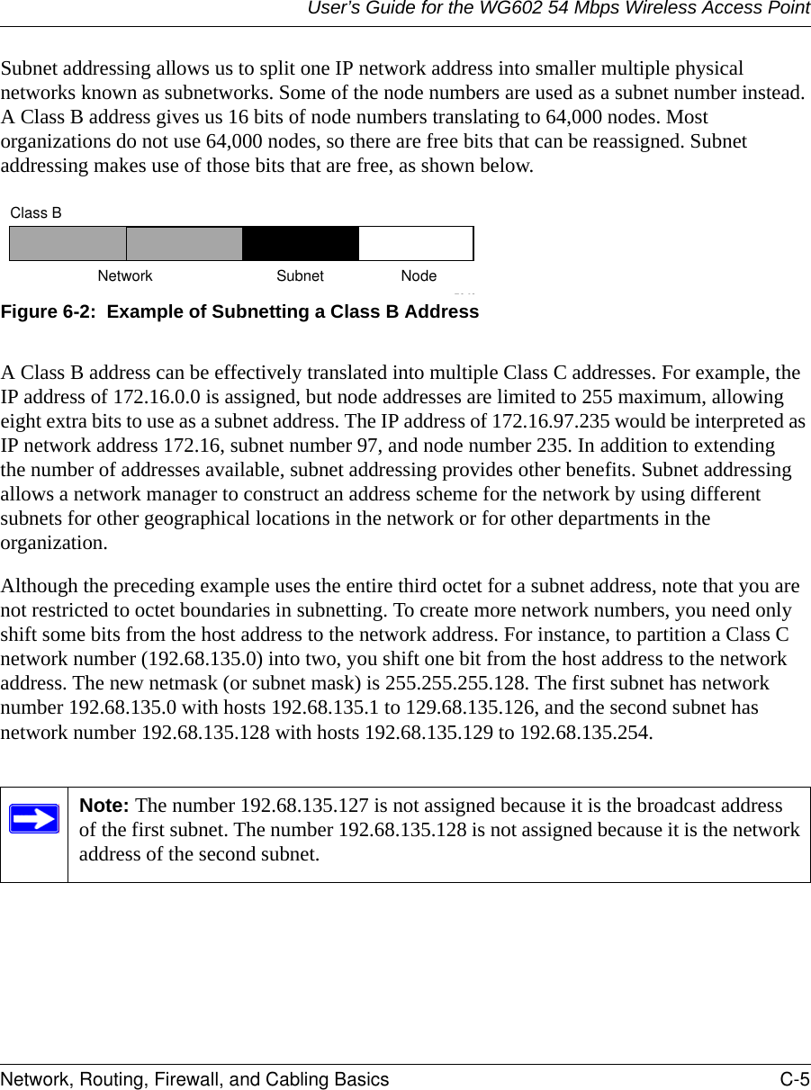 User’s Guide for the WG602 54 Mbps Wireless Access PointNetwork, Routing, Firewall, and Cabling Basics C-5 Subnet addressing allows us to split one IP network address into smaller multiple physical networks known as subnetworks. Some of the node numbers are used as a subnet number instead. A Class B address gives us 16 bits of node numbers translating to 64,000 nodes. Most organizations do not use 64,000 nodes, so there are free bits that can be reassigned. Subnet addressing makes use of those bits that are free, as shown below.Figure 6-2:  Example of Subnetting a Class B AddressA Class B address can be effectively translated into multiple Class C addresses. For example, the IP address of 172.16.0.0 is assigned, but node addresses are limited to 255 maximum, allowing eight extra bits to use as a subnet address. The IP address of 172.16.97.235 would be interpreted as IP network address 172.16, subnet number 97, and node number 235. In addition to extending the number of addresses available, subnet addressing provides other benefits. Subnet addressing allows a network manager to construct an address scheme for the network by using different subnets for other geographical locations in the network or for other departments in the organization.Although the preceding example uses the entire third octet for a subnet address, note that you are not restricted to octet boundaries in subnetting. To create more network numbers, you need only shift some bits from the host address to the network address. For instance, to partition a Class C network number (192.68.135.0) into two, you shift one bit from the host address to the network address. The new netmask (or subnet mask) is 255.255.255.128. The first subnet has network number 192.68.135.0 with hosts 192.68.135.1 to 129.68.135.126, and the second subnet has network number 192.68.135.128 with hosts 192.68.135.129 to 192.68.135.254.Note: The number 192.68.135.127 is not assigned because it is the broadcast address of the first subnet. The number 192.68.135.128 is not assigned because it is the network address of the second subnet.7262Class BNetwork Subnet Node