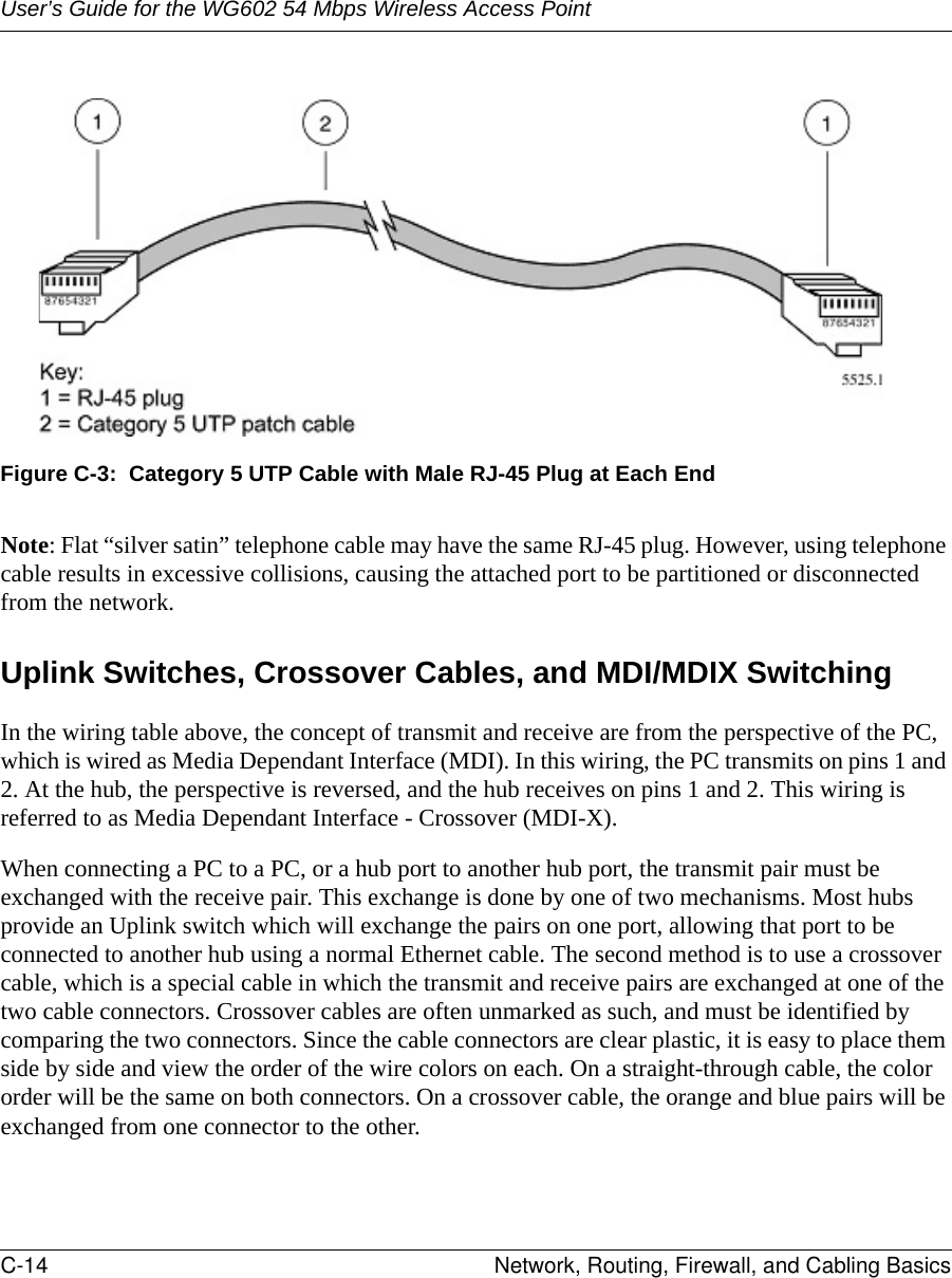 User’s Guide for the WG602 54 Mbps Wireless Access PointC-14 Network, Routing, Firewall, and Cabling Basics Figure C-3:  Category 5 UTP Cable with Male RJ-45 Plug at Each EndNote: Flat “silver satin” telephone cable may have the same RJ-45 plug. However, using telephone cable results in excessive collisions, causing the attached port to be partitioned or disconnected from the network.Uplink Switches, Crossover Cables, and MDI/MDIX SwitchingIn the wiring table above, the concept of transmit and receive are from the perspective of the PC, which is wired as Media Dependant Interface (MDI). In this wiring, the PC transmits on pins 1 and 2. At the hub, the perspective is reversed, and the hub receives on pins 1 and 2. This wiring is referred to as Media Dependant Interface - Crossover (MDI-X). When connecting a PC to a PC, or a hub port to another hub port, the transmit pair must be exchanged with the receive pair. This exchange is done by one of two mechanisms. Most hubs provide an Uplink switch which will exchange the pairs on one port, allowing that port to be connected to another hub using a normal Ethernet cable. The second method is to use a crossover cable, which is a special cable in which the transmit and receive pairs are exchanged at one of the two cable connectors. Crossover cables are often unmarked as such, and must be identified by comparing the two connectors. Since the cable connectors are clear plastic, it is easy to place them side by side and view the order of the wire colors on each. On a straight-through cable, the color order will be the same on both connectors. On a crossover cable, the orange and blue pairs will be exchanged from one connector to the other.