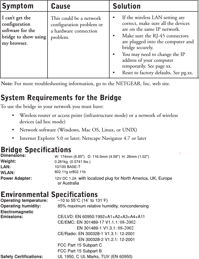 System Requirements for the BridgeTo use the bridge in your network you must have:•Wireless router or access point (infrastructure mode) or a network of wireless devices (ad hoc mode)•Network software (Windows, Mac OS, Linux, or UNIX)•Internet Explorer 5.0 or later; Netscape Navigator 4.7 or laterBridge Specifications [MOST NEED TO BE UPDATED]Dimensions: W: 108.2 mm (4.26&quot;) D: 62.31 mm (2.45&quot;) H: 27.51 mm (1.08&quot;) Weight: 0.099 kg (0.219 lbs.)LAN:  10BASE-TWLAN:  802.11g or 802.11bPower Adapter: 5V AC, 2A with localized plug for North America, UK, Europeor AustraliaEnvironmental Specifications [ACCURATE???]Operating temperature:  –10 to 55°C (14˚ to 131˚F)Operating humidity:  85% maximum relative humidity, noncondensingElectromagnetic Emissions:  CE/LVD: EN 60950:1992+A1+A2+A3+A4+A11CE/EMC: EN 301489-17 V1.1.1: 09-2000EN 301489-1 V1.3.1: 09-2001CE/Radio: EN 300328-1 V1.3.1: 12-2001EN 300328-2 V1.2.1: 12-2001FCC Part 15 Subpart CFCC Part 15 Subpart BSafety Certifications:  UL 1950, C UL Marks, TUV (EN 60950)Note: For more troubleshooting information, go to the NETGEAR, Inc. web site.Solution•If the wireless LAN setting arecorrect, make sure all the devicesare on the same IP network.•Make sure the RJ-45 connectorsare plugged into the computer andbridge securely.•You may need to change the IPaddress of your computertemporarily. See page xx.•Reset to factory defaults. See pg.xx.SymptomI can’t get theconfigurationsoftware for thebridge to show usingmy browser.CauseThis could be a networkconfiguration problem or a hardware connectionproblem.08-200208-2002W: 174mm (6.85&quot;)   D: 116.5mm (4.59&quot;)  H: 26mm (1.02&quot;)0.261kg  (0.5741 lbs.)10/100 BASE-T802.11g or802.11b12V DC 1.2A