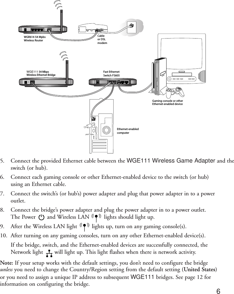 5. Connect the provided Ethernet cable between the WGE111 Wireless Game Adapter and theswitch (or hub).6. Connect each gaming console or other Ethernet-enabled device to the switch (or hub)using an Ethernet cable.7. Connect the switch’s (or hub’s) power adapter and plug that power adapter in to a poweroutlet.8. Connect the bridge’s power adapter and plug the power adapter in to a power outlet. The Power       and Wireless LAN         lights should light up. 9. After the Wireless LAN light         lights up, turn on any gaming console(s).10. After turning on any gaming consoles, turn on any other Ethernet-enabled device(s).If the bridge, switch, and the Ethernet-enabled devices are successfully connected, theNetwork light       will light up. This light flashes when there is network activity.Note: If your setup works with the default settings, you don’t need to configure the bridgeunless you need to change the Country/Region setting from the default setting (United States)or you need to assign a unique IP address to subsequent WGE111 bridges. See page 12 forinformation on configuring the bridge. 6Cable  or DSL modemGaming console or other  Ethernet-enabled deviceWGE111 54 Mbps  Wireless Ethernet BridgeWGR614 54 MpbsWireless Router Fast Ethernet Switch FS605Ethernet-enabled computer