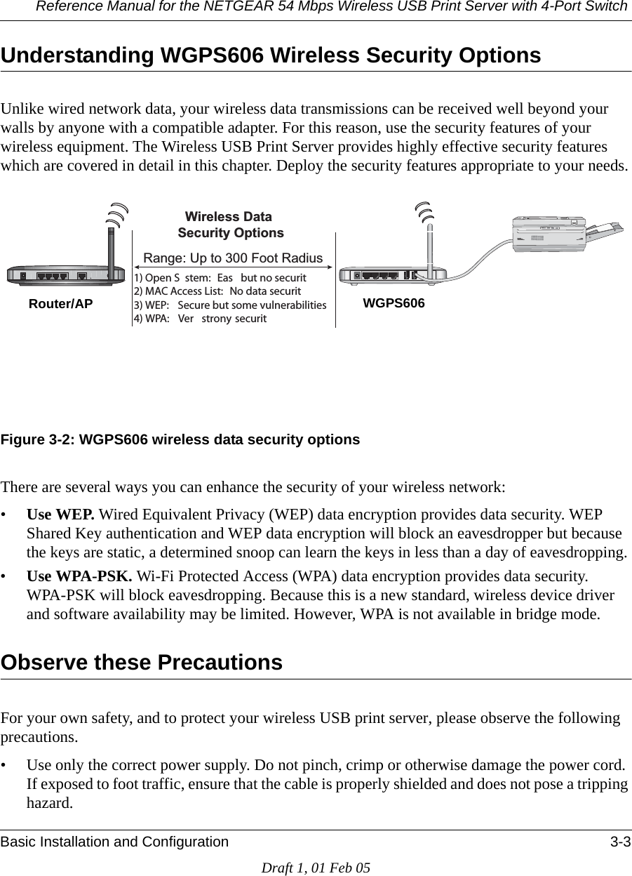 Reference Manual for the NETGEAR 54 Mbps Wireless USB Print Server with 4-Port Switch Basic Installation and Configuration 3-3Draft 1, 01 Feb 05Understanding WGPS606 Wireless Security OptionsUnlike wired network data, your wireless data transmissions can be received well beyond your walls by anyone with a compatible adapter. For this reason, use the security features of your wireless equipment. The Wireless USB Print Server provides highly effective security features which are covered in detail in this chapter. Deploy the security features appropriate to your needs.Figure 3-2: WGPS606 wireless data security optionsThere are several ways you can enhance the security of your wireless network:•Use WEP. Wired Equivalent Privacy (WEP) data encryption provides data security. WEP Shared Key authentication and WEP data encryption will block an eavesdropper but because the keys are static, a determined snoop can learn the keys in less than a day of eavesdropping. •Use WPA-PSK. Wi-Fi Protected Access (WPA) data encryption provides data security. WPA-PSK will block eavesdropping. Because this is a new standard, wireless device driver and software availability may be limited. However, WPA is not available in bridge mode.Observe these PrecautionsFor your own safety, and to protect your wireless USB print server, please observe the following precautions. • Use only the correct power supply. Do not pinch, crimp or otherwise damage the power cord. If exposed to foot traffic, ensure that the cable is properly shielded and does not pose a tripping hazard. /PEN3YSTEM%ASYBUTNOSECURITY-!#!CCESS,IST.ODATASECURITY7%03ECUREBUTSOMEVULNERABILITIES70!6ERYSTRONGSECURITY:LUHOHVV&apos;DWD6HFXULW\2SWLRQV5DQJH8SWR)RRW5DGLXVWGPS606Router/AP