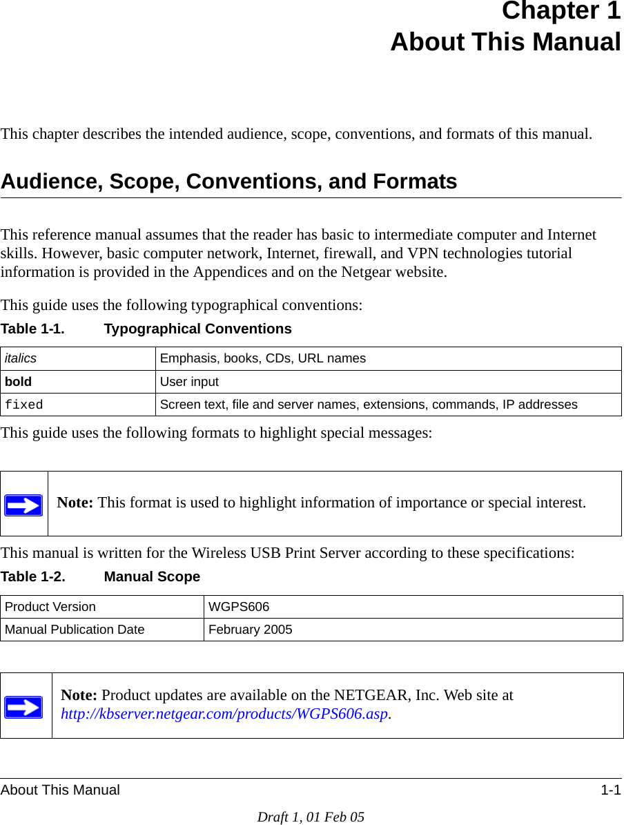 About This Manual 1-1Draft 1, 01 Feb 05Chapter 1 About This ManualThis chapter describes the intended audience, scope, conventions, and formats of this manual.Audience, Scope, Conventions, and FormatsThis reference manual assumes that the reader has basic to intermediate computer and Internet skills. However, basic computer network, Internet, firewall, and VPN technologies tutorial information is provided in the Appendices and on the Netgear website.This guide uses the following typographical conventions:This guide uses the following formats to highlight special messages:This manual is written for the Wireless USB Print Server according to these specifications:Table 1-1. Typographical Conventionsitalics Emphasis, books, CDs, URL namesbold User inputfixed Screen text, file and server names, extensions, commands, IP addressesNote: This format is used to highlight information of importance or special interest.Table 1-2. Manual ScopeProduct Version WGPS606Manual Publication Date February 2005Note: Product updates are available on the NETGEAR, Inc. Web site at http://kbserver.netgear.com/products/WGPS606.asp.