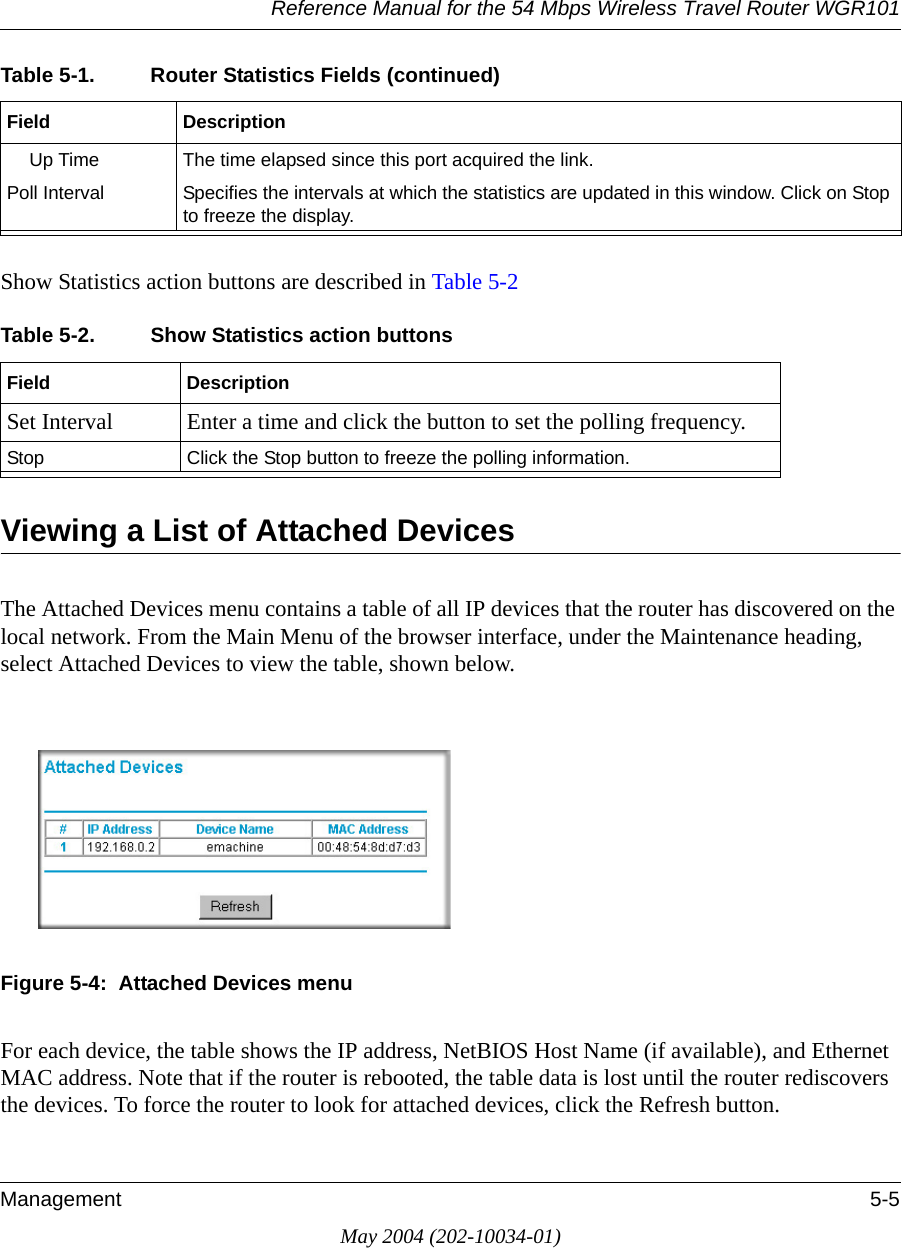 Reference Manual for the 54 Mbps Wireless Travel Router WGR101Management 5-5May 2004 (202-10034-01)Show Statistics action buttons are described in Table 5-2Viewing a List of Attached DevicesThe Attached Devices menu contains a table of all IP devices that the router has discovered on the local network. From the Main Menu of the browser interface, under the Maintenance heading, select Attached Devices to view the table, shown below.Figure 5-4:  Attached Devices menuFor each device, the table shows the IP address, NetBIOS Host Name (if available), and Ethernet MAC address. Note that if the router is rebooted, the table data is lost until the router rediscovers the devices. To force the router to look for attached devices, click the Refresh button.Up Time The time elapsed since this port acquired the link.Poll Interval Specifies the intervals at which the statistics are updated in this window. Click on Stop to freeze the display.Table 5-2. Show Statistics action buttonsField DescriptionSet Interval Enter a time and click the button to set the polling frequency.Stop Click the Stop button to freeze the polling information.Table 5-1. Router Statistics Fields (continued)Field Description