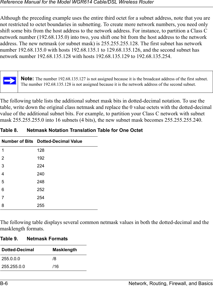 Reference Manual for the Model WGR614 Cable/DSL Wireless Router B-6 Network, Routing, Firewall, and Basics Although the preceding example uses the entire third octet for a subnet address, note that you are not restricted to octet boundaries in subnetting. To create more network numbers, you need only shift some bits from the host address to the network address. For instance, to partition a Class C network number (192.68.135.0) into two, you shift one bit from the host address to the network address. The new netmask (or subnet mask) is 255.255.255.128. The first subnet has network number 192.68.135.0 with hosts 192.68.135.1 to 129.68.135.126, and the second subnet has network number 192.68.135.128 with hosts 192.68.135.129 to 192.68.135.254.The following table lists the additional subnet mask bits in dotted-decimal notation. To use the table, write down the original class netmask and replace the 0 value octets with the dotted-decimal value of the additional subnet bits. For example, to partition your Class C network with subnet mask 255.255.255.0 into 16 subnets (4 bits), the new subnet mask becomes 255.255.255.240.The following table displays several common netmask values in both the dotted-decimal and the masklength formats.Note: The number 192.68.135.127 is not assigned because it is the broadcast address of the first subnet. The number 192.68.135.128 is not assigned because it is the network address of the second subnet.Table 8. Netmask Notation Translation Table for One OctetNumber of Bits Dotted-Decimal Value1 1282 1923 2244 2405 2486 2527 2548 255Table 9. Netmask FormatsDotted-Decimal Masklength255.0.0.0 /8255.255.0.0 /16