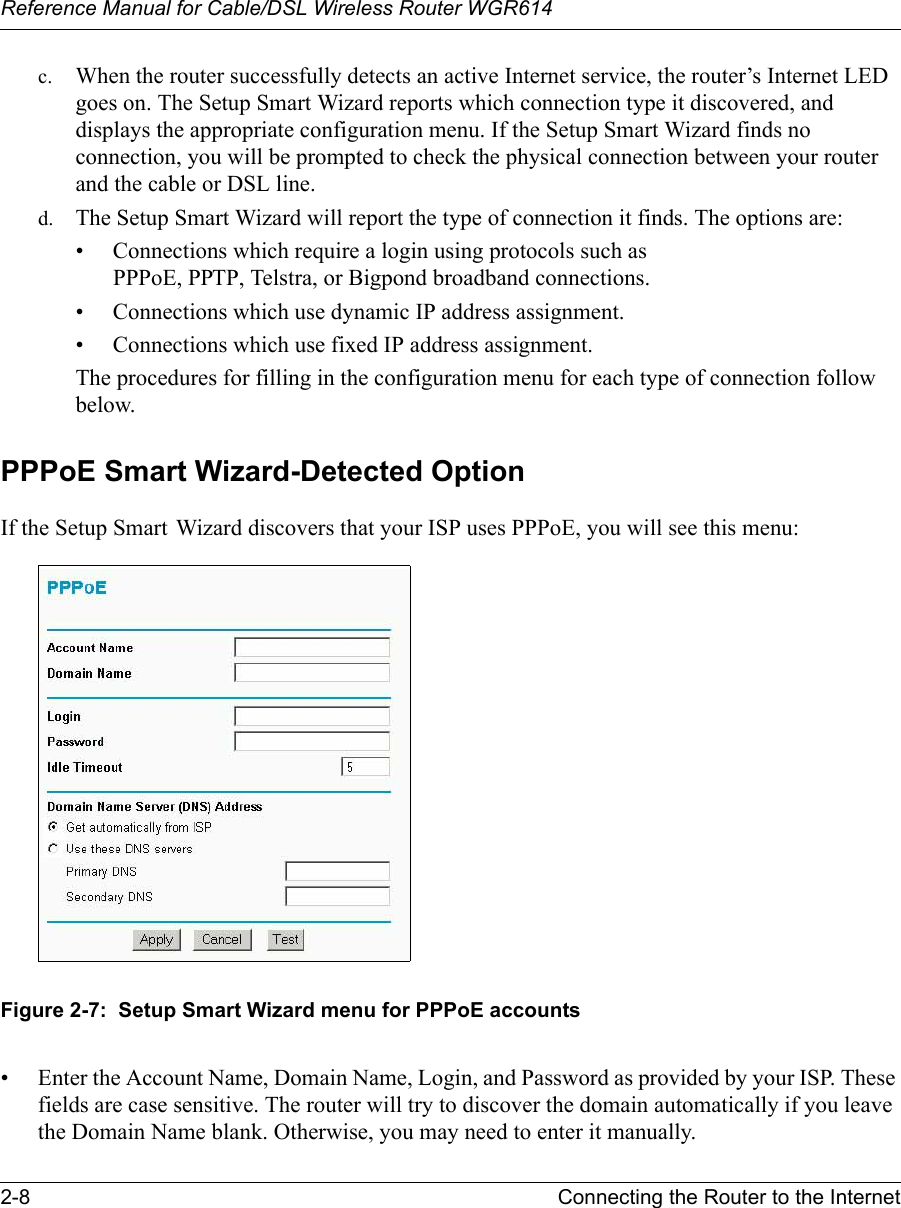 Reference Manual for Cable/DSL Wireless Router WGR614 2-8 Connecting the Router to the Internet c. When the router successfully detects an active Internet service, the router’s Internet LED goes on. The Setup Smart Wizard reports which connection type it discovered, and displays the appropriate configuration menu. If the Setup Smart Wizard finds no connection, you will be prompted to check the physical connection between your router and the cable or DSL line. d. The Setup Smart Wizard will report the type of connection it finds. The options are:• Connections which require a login using protocols such as  PPPoE, PPTP, Telstra, or Bigpond broadband connections.• Connections which use dynamic IP address assignment.• Connections which use fixed IP address assignment.The procedures for filling in the configuration menu for each type of connection follow below.PPPoE Smart Wizard-Detected Option If the Setup Smart Wizard discovers that your ISP uses PPPoE, you will see this menu:Figure 2-7:  Setup Smart Wizard menu for PPPoE accounts• Enter the Account Name, Domain Name, Login, and Password as provided by your ISP. These fields are case sensitive. The router will try to discover the domain automatically if you leave the Domain Name blank. Otherwise, you may need to enter it manually.