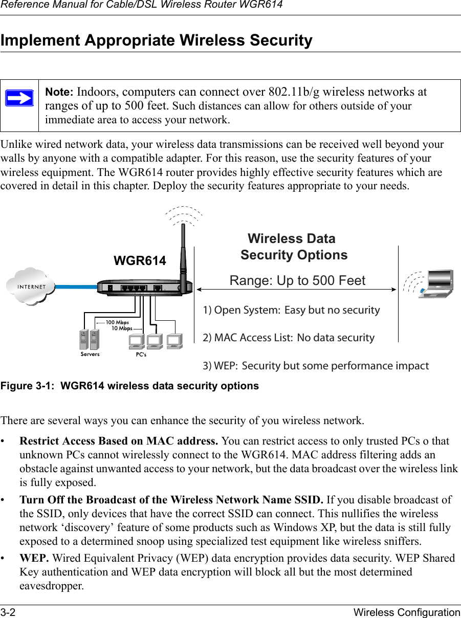 Reference Manual for Cable/DSL Wireless Router WGR614 3-2 Wireless Configuration Implement Appropriate Wireless Security Unlike wired network data, your wireless data transmissions can be received well beyond your walls by anyone with a compatible adapter. For this reason, use the security features of your wireless equipment. The WGR614 router provides highly effective security features which are covered in detail in this chapter. Deploy the security features appropriate to your needs.Figure 3-1:  WGR614 wireless data security optionsThere are several ways you can enhance the security of you wireless network.•Restrict Access Based on MAC address. You can restrict access to only trusted PCs o that unknown PCs cannot wirelessly connect to the WGR614. MAC address filtering adds an obstacle against unwanted access to your network, but the data broadcast over the wireless link is fully exposed. •Turn Off the Broadcast of the Wireless Network Name SSID. If you disable broadcast of the SSID, only devices that have the correct SSID can connect. This nullifies the wireless network ‘discovery’ feature of some products such as Windows XP, but the data is still fully exposed to a determined snoop using specialized test equipment like wireless sniffers.•WEP. Wired Equivalent Privacy (WEP) data encryption provides data security. WEP Shared Key authentication and WEP data encryption will block all but the most determined eavesdropper. Note: Indoors, computers can connect over 802.11b/g wireless networks at ranges of up to 500 feet. Such distances can allow for others outside of your immediate area to access your network.1) Open System: Easy but no security2) MAC Access List: No data security3) WEP: Security but some performance impactWireless DataSecurity OptionsRange: Up to 500 FeetWGR614