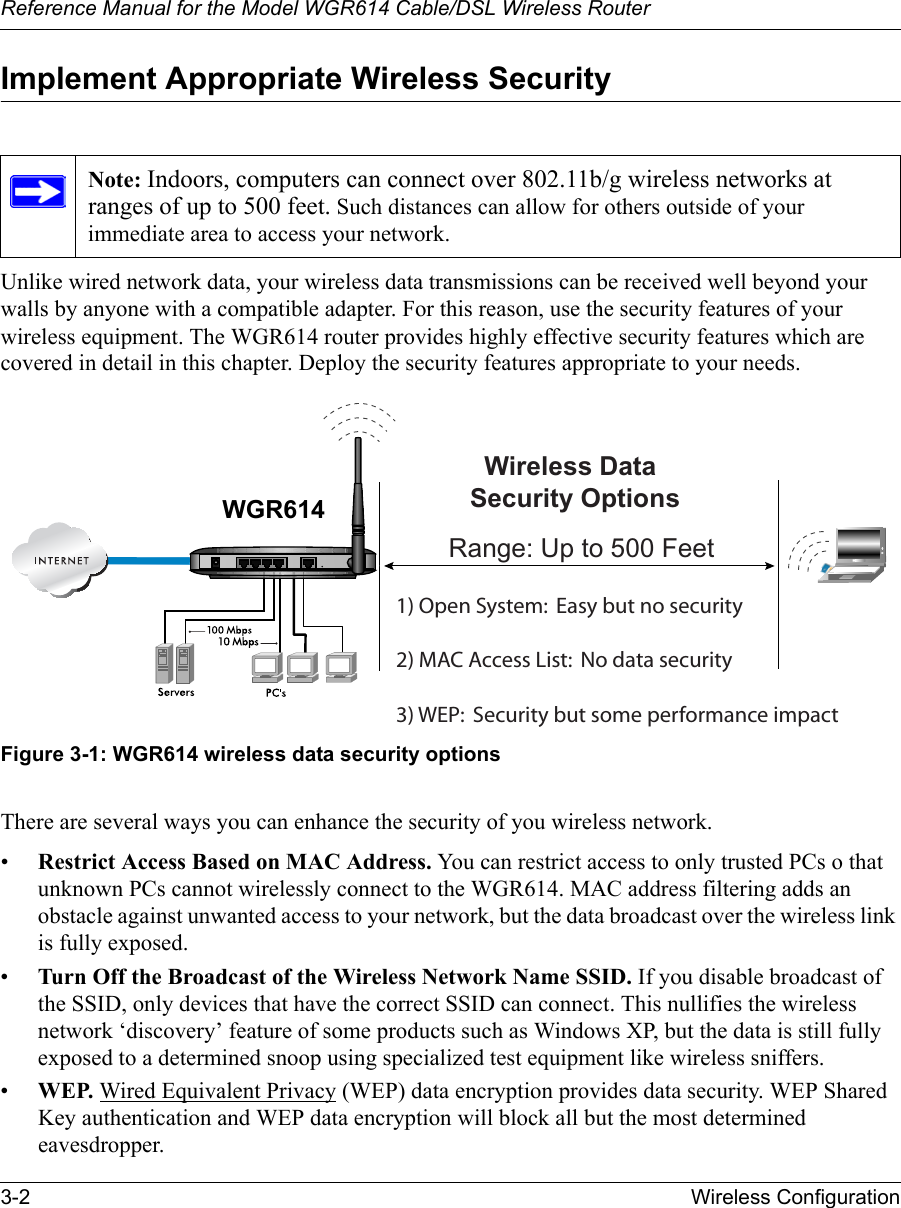 Reference Manual for the Model WGR614 Cable/DSL Wireless Router 3-2 Wireless Configuration Implement Appropriate Wireless Security Unlike wired network data, your wireless data transmissions can be received well beyond your walls by anyone with a compatible adapter. For this reason, use the security features of your wireless equipment. The WGR614 router provides highly effective security features which are covered in detail in this chapter. Deploy the security features appropriate to your needs.Figure 3-1: WGR614 wireless data security optionsThere are several ways you can enhance the security of you wireless network.•Restrict Access Based on MAC Address. You can restrict access to only trusted PCs o that unknown PCs cannot wirelessly connect to the WGR614. MAC address filtering adds an obstacle against unwanted access to your network, but the data broadcast over the wireless link is fully exposed. •Turn Off the Broadcast of the Wireless Network Name SSID. If you disable broadcast of the SSID, only devices that have the correct SSID can connect. This nullifies the wireless network ‘discovery’ feature of some products such as Windows XP, but the data is still fully exposed to a determined snoop using specialized test equipment like wireless sniffers.•WEP. Wired Equivalent Privacy (WEP) data encryption provides data security. WEP Shared Key authentication and WEP data encryption will block all but the most determined eavesdropper. Note: Indoors, computers can connect over 802.11b/g wireless networks at ranges of up to 500 feet. Such distances can allow for others outside of your immediate area to access your network.1) Open System: Easy but no security2) MAC Access List: No data security3) WEP: Security but some performance impactWireless DataSecurity OptionsRange: Up to 500 FeetWGR614