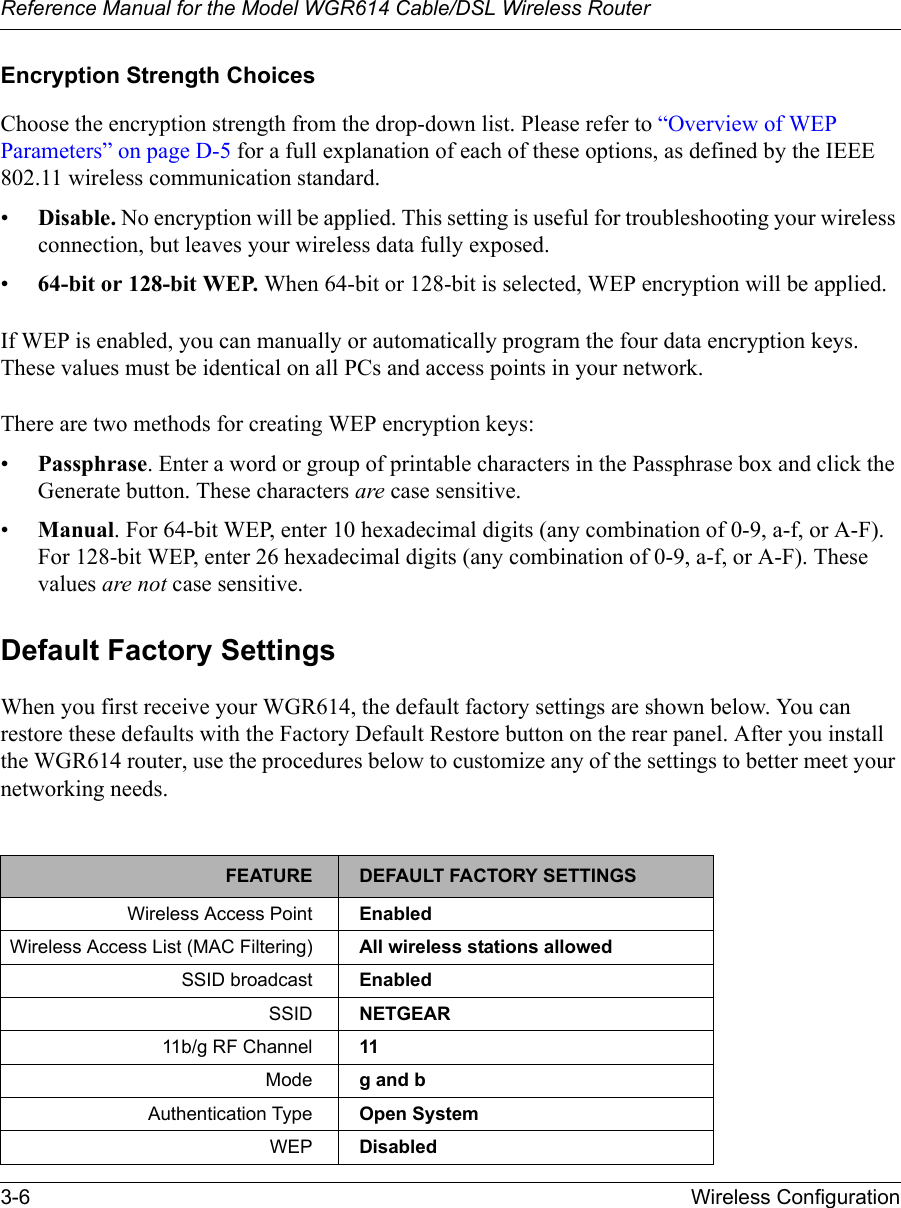 Reference Manual for the Model WGR614 Cable/DSL Wireless Router 3-6 Wireless Configuration Encryption Strength ChoicesChoose the encryption strength from the drop-down list. Please refer to “Overview of WEP Parameters” on page D-5 for a full explanation of each of these options, as defined by the IEEE 802.11 wireless communication standard.•Disable. No encryption will be applied. This setting is useful for troubleshooting your wireless connection, but leaves your wireless data fully exposed.•64-bit or 128-bit WEP. When 64-bit or 128-bit is selected, WEP encryption will be applied. If WEP is enabled, you can manually or automatically program the four data encryption keys. These values must be identical on all PCs and access points in your network.There are two methods for creating WEP encryption keys:•Passphrase. Enter a word or group of printable characters in the Passphrase box and click the Generate button. These characters are case sensitive.•Manual. For 64-bit WEP, enter 10 hexadecimal digits (any combination of 0-9, a-f, or A-F). For 128-bit WEP, enter 26 hexadecimal digits (any combination of 0-9, a-f, or A-F). These values are not case sensitive.Default Factory SettingsWhen you first receive your WGR614, the default factory settings are shown below. You can restore these defaults with the Factory Default Restore button on the rear panel. After you install the WGR614 router, use the procedures below to customize any of the settings to better meet your networking needs.FEATURE DEFAULT FACTORY SETTINGSWireless Access Point EnabledWireless Access List (MAC Filtering) All wireless stations allowedSSID broadcast EnabledSSID NETGEAR11b/g RF Channel 11Mode g and bAuthentication Type Open SystemWEP Disabled