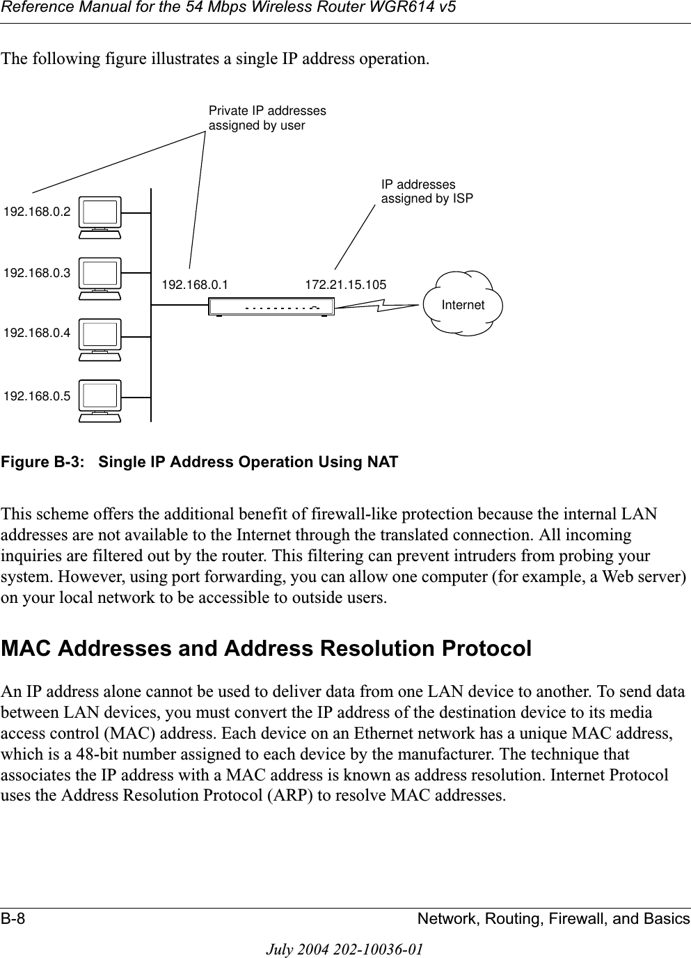 Reference Manual for the 54 Mbps Wireless Router WGR614 v5B-8 Network, Routing, Firewall, and BasicsJuly 2004 202-10036-01The following figure illustrates a single IP address operation.Figure B-3:   Single IP Address Operation Using NATThis scheme offers the additional benefit of firewall-like protection because the internal LAN addresses are not available to the Internet through the translated connection. All incoming inquiries are filtered out by the router. This filtering can prevent intruders from probing your system. However, using port forwarding, you can allow one computer (for example, a Web server) on your local network to be accessible to outside users.MAC Addresses and Address Resolution ProtocolAn IP address alone cannot be used to deliver data from one LAN device to another. To send data between LAN devices, you must convert the IP address of the destination device to its media access control (MAC) address. Each device on an Ethernet network has a unique MAC address, which is a 48-bit number assigned to each device by the manufacturer. The technique that associates the IP address with a MAC address is known as address resolution. Internet Protocol uses the Address Resolution Protocol (ARP) to resolve MAC addresses.7786EA192.168.0.2192.168.0.3192.168.0.4192.168.0.5192.168.0.1 172.21.15.105Private IP addressesassigned by userInternetIP addressesassigned by ISP