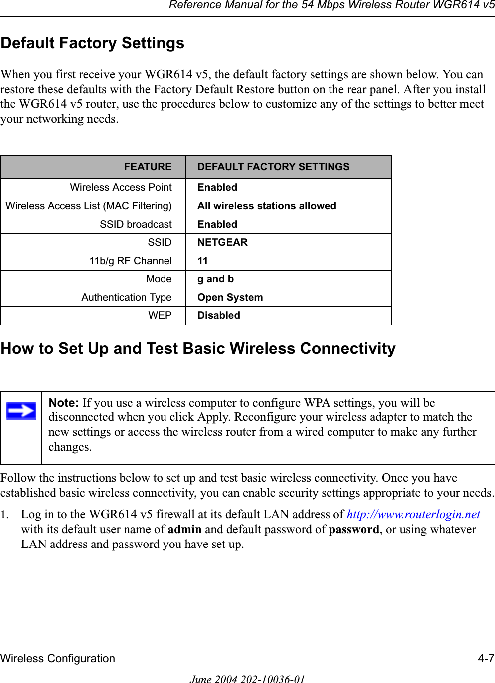 Reference Manual for the 54 Mbps Wireless Router WGR614 v5Wireless Configuration 4-7June 2004 202-10036-01Default Factory SettingsWhen you first receive your WGR614 v5, the default factory settings are shown below. You can restore these defaults with the Factory Default Restore button on the rear panel. After you install the WGR614 v5 router, use the procedures below to customize any of the settings to better meet your networking needs.How to Set Up and Test Basic Wireless ConnectivityFollow the instructions below to set up and test basic wireless connectivity. Once you have established basic wireless connectivity, you can enable security settings appropriate to your needs.1. Log in to the WGR614 v5 firewall at its default LAN address of http://www.routerlogin.netwith its default user name of admin and default password of password, or using whatever LAN address and password you have set up.FEATURE DEFAULT FACTORY SETTINGSWireless Access Point EnabledWireless Access List (MAC Filtering) All wireless stations allowedSSID broadcast  EnabledSSID NETGEAR11b/g RF Channel 11Mode g and bAuthentication Type Open SystemWEP DisabledNote: If you use a wireless computer to configure WPA settings, you will be disconnected when you click Apply. Reconfigure your wireless adapter to match the new settings or access the wireless router from a wired computer to make any further changes.