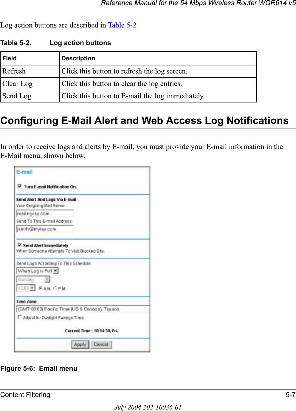 Reference Manual for the 54 Mbps Wireless Router WGR614 v5Content Filtering 5-7July 2004 202-10036-01Log action buttons are described in Table 5-2Configuring E-Mail Alert and Web Access Log NotificationsIn order to receive logs and alerts by E-mail, you must provide your E-mail information in the E-Mail menu, shown below:Figure 5-6:  Email menuTable 5-2. Log action buttonsField DescriptionRefresh Click this button to refresh the log screen.Clear Log Click this button to clear the log entries.Send Log Click this button to E-mail the log immediately.