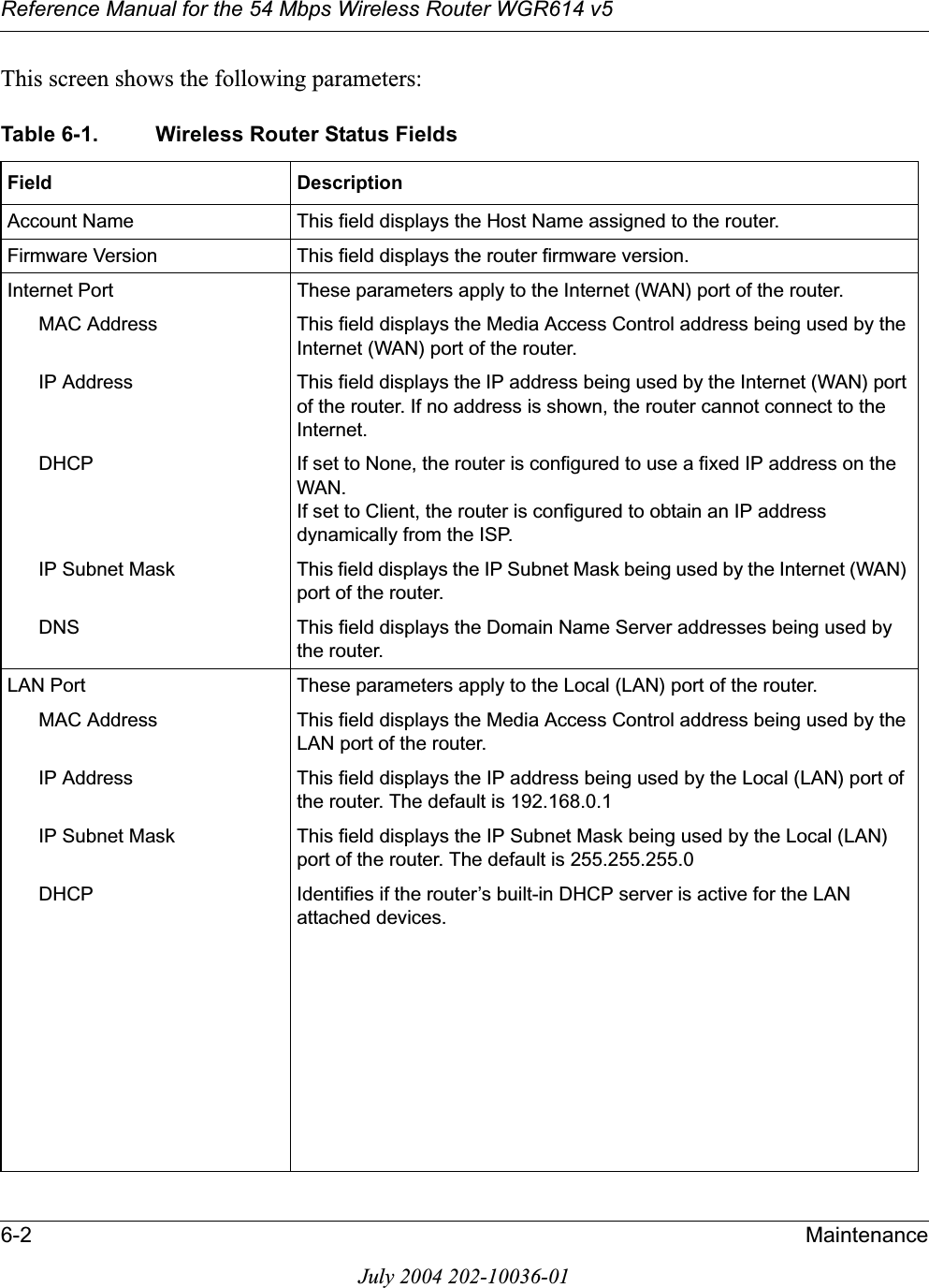 Reference Manual for the 54 Mbps Wireless Router WGR614 v56-2 MaintenanceJuly 2004 202-10036-01This screen shows the following parameters:Table 6-1. Wireless Router Status FieldsField DescriptionAccount Name This field displays the Host Name assigned to the router.Firmware Version This field displays the router firmware version.Internet Port These parameters apply to the Internet (WAN) port of the router. MAC Address This field displays the Media Access Control address being used by the Internet (WAN) port of the router. IP Address This field displays the IP address being used by the Internet (WAN) port of the router. If no address is shown, the router cannot connect to the Internet.DHCP If set to None, the router is configured to use a fixed IP address on the WAN.If set to Client, the router is configured to obtain an IP address dynamically from the ISP.IP Subnet Mask This field displays the IP Subnet Mask being used by the Internet (WAN) port of the router.DNS This field displays the Domain Name Server addresses being used by the router.LAN Port These parameters apply to the Local (LAN) port of the router. MAC Address This field displays the Media Access Control address being used by the LAN port of the router. IP Address This field displays the IP address being used by the Local (LAN) port of the router. The default is 192.168.0.1IP Subnet Mask This field displays the IP Subnet Mask being used by the Local (LAN) port of the router. The default is 255.255.255.0DHCP Identifies if the router’s built-in DHCP server is active for the LAN attached devices.