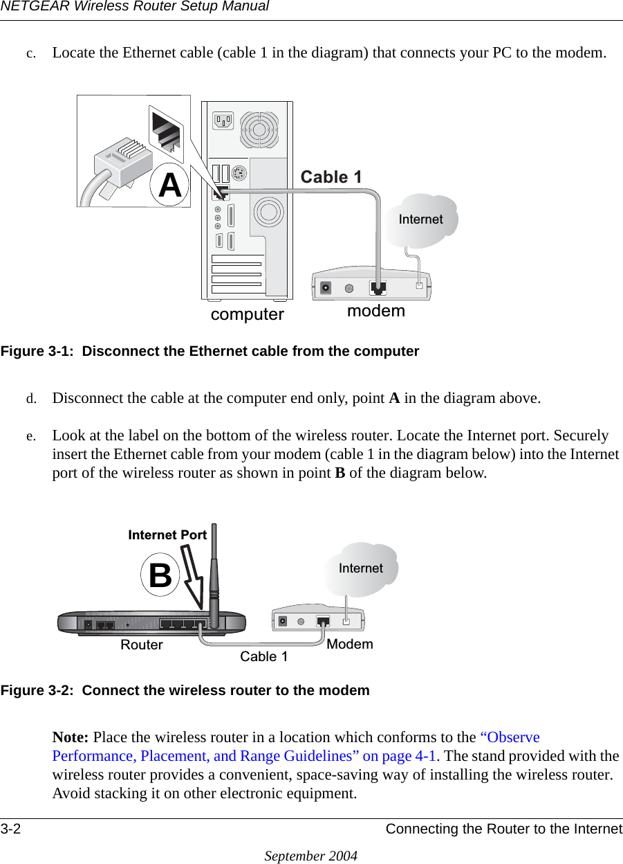 NETGEAR Wireless Router Setup Manual3-2 Connecting the Router to the InternetSeptember 2004c. Locate the Ethernet cable (cable 1 in the diagram) that connects your PC to the modem.Figure 3-1:  Disconnect the Ethernet cable from the computer d. Disconnect the cable at the computer end only, point A in the diagram above.e. Look at the label on the bottom of the wireless router. Locate the Internet port. Securely insert the Ethernet cable from your modem (cable 1 in the diagram below) into the Internet port of the wireless router as shown in point B of the diagram below.Figure 3-2:  Connect the wireless router to the modemNote: Place the wireless router in a location which conforms to the “Observe Performance, Placement, and Range Guidelines” on page 4-1. The stand provided with the wireless router provides a convenient, space-saving way of installing the wireless router. Avoid stacking it on other electronic equipment.PRGHP&amp;DEOH,QWHUQHWFRPSXWHUA5RXWHU,QWHUQHW3RUW,QWHUQHW0RGHP&amp;DEOHB