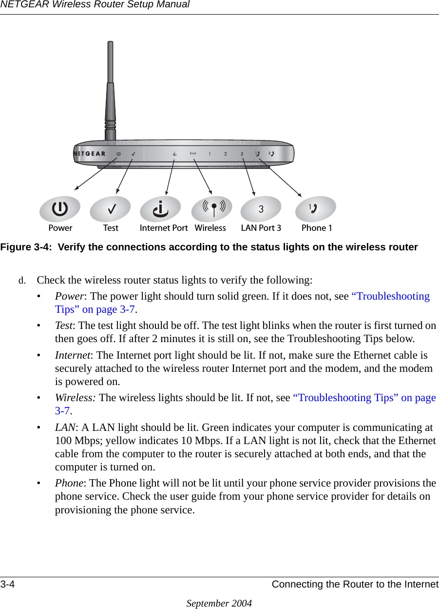 NETGEAR Wireless Router Setup Manual3-4 Connecting the Router to the InternetSeptember 2004Figure 3-4:  Verify the connections according to the status lights on the wireless routerd. Check the wireless router status lights to verify the following:•Power: The power light should turn solid green. If it does not, see “Troubleshooting Tips” on page 3-7.•Test: The test light should be off. The test light blinks when the router is first turned on then goes off. If after 2 minutes it is still on, see the Troubleshooting Tips below.•Internet: The Internet port light should be lit. If not, make sure the Ethernet cable is securely attached to the wireless router Internet port and the modem, and the modem is powered on.•Wireless: The wireless lights should be lit. If not, see “Troubleshooting Tips” on page 3-7.•LAN: A LAN light should be lit. Green indicates your computer is communicating at 100 Mbps; yellow indicates 10 Mbps. If a LAN light is not lit, check that the Ethernet cable from the computer to the router is securely attached at both ends, and that the computer is turned on.•Phone: The Phone light will not be lit until your phone service provider provisions the phone service. Check the user guide from your phone service provider for details on provisioning the phone service.0OWER )NTERNET0ORT 7IRELESS ,!.0ORT4EST 0HONE