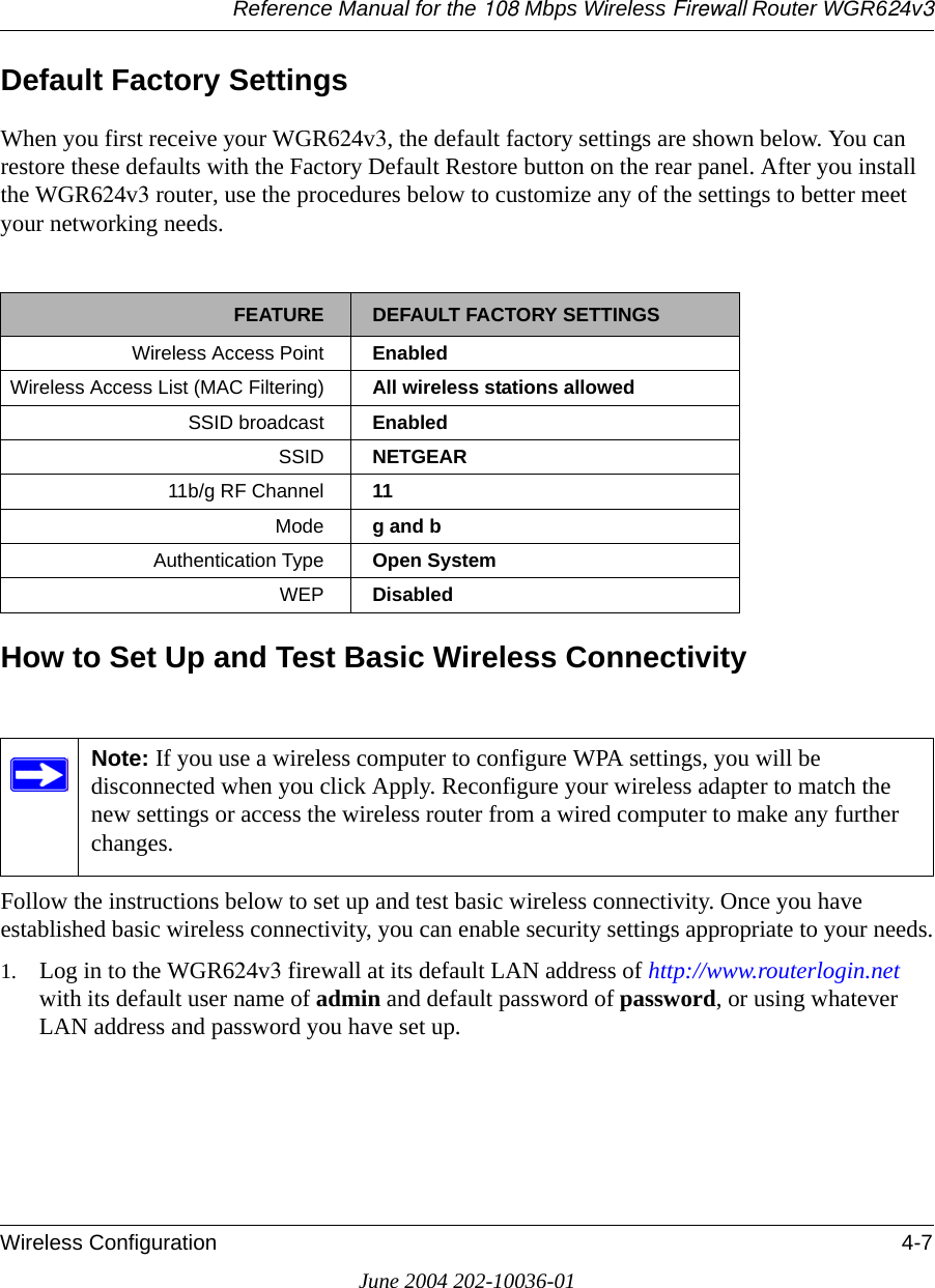 Reference Manual for the 108 Mbps Wireless Firewall Router WGR624v3Wireless Configuration 4-7June 2004 202-10036-01Default Factory SettingsWhen you first receive your WGR624v3, the default factory settings are shown below. You can restore these defaults with the Factory Default Restore button on the rear panel. After you install the WGR624v3 router, use the procedures below to customize any of the settings to better meet your networking needs.How to Set Up and Test Basic Wireless ConnectivityFollow the instructions below to set up and test basic wireless connectivity. Once you have established basic wireless connectivity, you can enable security settings appropriate to your needs.1. Log in to the WGR624v3 firewall at its default LAN address of http://www.routerlogin.net with its default user name of admin and default password of password, or using whatever LAN address and password you have set up.FEATURE DEFAULT FACTORY SETTINGSWireless Access Point EnabledWireless Access List (MAC Filtering) All wireless stations allowedSSID broadcast  EnabledSSID  NETGEAR11b/g RF Channel 11Mode g and bAuthentication Type Open SystemWEP DisabledNote: If you use a wireless computer to configure WPA settings, you will be disconnected when you click Apply. Reconfigure your wireless adapter to match the new settings or access the wireless router from a wired computer to make any further changes.