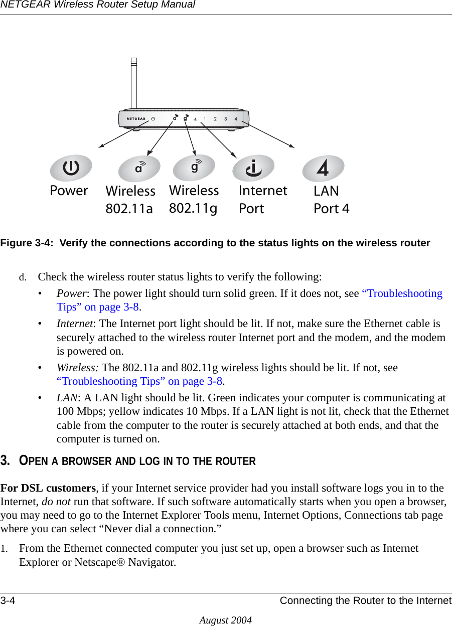 NETGEAR Wireless Router Setup Manual3-4 Connecting the Router to the InternetAugust 2004Figure 3-4:  Verify the connections according to the status lights on the wireless routerd. Check the wireless router status lights to verify the following:•Power: The power light should turn solid green. If it does not, see “Troubleshooting Tips” on page 3-8.•Internet: The Internet port light should be lit. If not, make sure the Ethernet cable is securely attached to the wireless router Internet port and the modem, and the modem is powered on.•Wireless: The 802.11a and 802.11g wireless lights should be lit. If not, see “Troubleshooting Tips” on page 3-8.•LAN: A LAN light should be lit. Green indicates your computer is communicating at 100 Mbps; yellow indicates 10 Mbps. If a LAN light is not lit, check that the Ethernet cable from the computer to the router is securely attached at both ends, and that the computer is turned on.3. OPEN A BROWSER AND LOG IN TO THE ROUTERFor DSL customers, if your Internet service provider had you install software logs you in to the Internet, do not run that software. If such software automatically starts when you open a browser, you may need to go to the Internet Explorer Tools menu, Internet Options, Connections tab page where you can select “Never dial a connection.”1. From the Ethernet connected computer you just set up, open a browser such as Internet Explorer or Netscape® Navigator.0OWER )NTERNET0ORT7IRELESSG,!.0ORT7IRELESSA