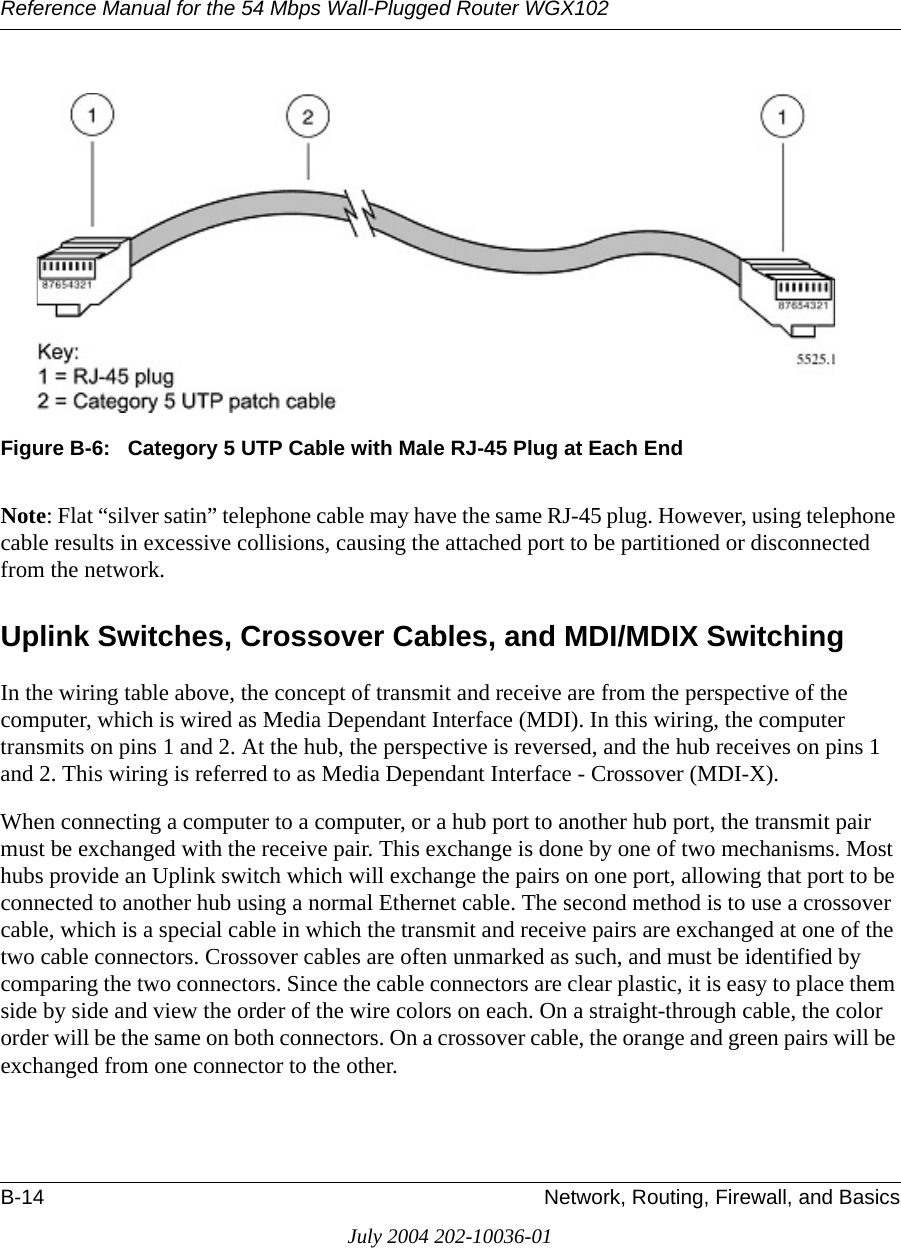 Reference Manual for the 54 Mbps Wall-Plugged Router WGX102B-14 Network, Routing, Firewall, and BasicsJuly 2004 202-10036-01Figure B-6:   Category 5 UTP Cable with Male RJ-45 Plug at Each EndNote: Flat “silver satin” telephone cable may have the same RJ-45 plug. However, using telephone cable results in excessive collisions, causing the attached port to be partitioned or disconnected from the network.Uplink Switches, Crossover Cables, and MDI/MDIX SwitchingIn the wiring table above, the concept of transmit and receive are from the perspective of the computer, which is wired as Media Dependant Interface (MDI). In this wiring, the computer transmits on pins 1 and 2. At the hub, the perspective is reversed, and the hub receives on pins 1 and 2. This wiring is referred to as Media Dependant Interface - Crossover (MDI-X). When connecting a computer to a computer, or a hub port to another hub port, the transmit pair must be exchanged with the receive pair. This exchange is done by one of two mechanisms. Most hubs provide an Uplink switch which will exchange the pairs on one port, allowing that port to be connected to another hub using a normal Ethernet cable. The second method is to use a crossover cable, which is a special cable in which the transmit and receive pairs are exchanged at one of the two cable connectors. Crossover cables are often unmarked as such, and must be identified by comparing the two connectors. Since the cable connectors are clear plastic, it is easy to place them side by side and view the order of the wire colors on each. On a straight-through cable, the color order will be the same on both connectors. On a crossover cable, the orange and green pairs will be exchanged from one connector to the other.