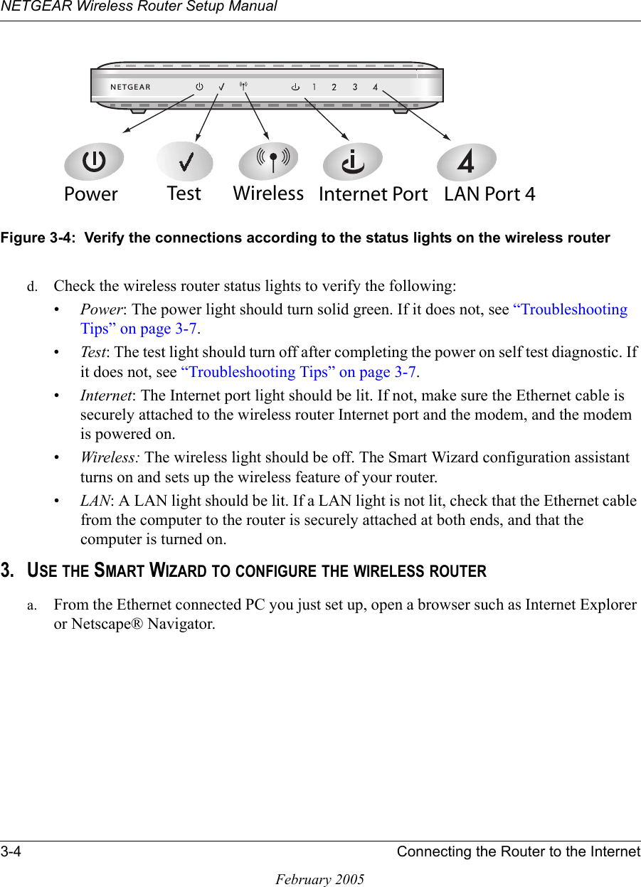 NETGEAR Wireless Router Setup Manual3-4 Connecting the Router to the InternetFebruary 2005Figure 3-4:  Verify the connections according to the status lights on the wireless routerd. Check the wireless router status lights to verify the following:•Power: The power light should turn solid green. If it does not, see “Troubleshooting Tips” on page 3-7.•Test: The test light should turn off after completing the power on self test diagnostic. If it does not, see “Troubleshooting Tips” on page 3-7.•Internet: The Internet port light should be lit. If not, make sure the Ethernet cable is securely attached to the wireless router Internet port and the modem, and the modem is powered on.•Wireless: The wireless light should be off. The Smart Wizard configuration assistant turns on and sets up the wireless feature of your router. •LAN: A LAN light should be lit. If a LAN light is not lit, check that the Ethernet cable from the computer to the router is securely attached at both ends, and that the computer is turned on.3. USE THE SMART WIZARD TO CONFIGURE THE WIRELESS ROUTERa. From the Ethernet connected PC you just set up, open a browser such as Internet Explorer or Netscape® Navigator..%4&apos;%!20OWER )NTERNET0ORT7IRELESS ,!.0ORT4EST