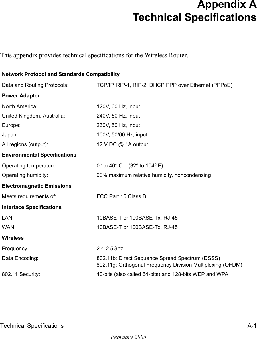 Technical Specifications A-1February 2005Appendix ATechnical SpecificationsThis appendix provides technical specifications for the Wireless Router.Network Protocol and Standards CompatibilityData and Routing Protocols: TCP/IP, RIP-1, RIP-2, DHCP PPP over Ethernet (PPPoE)Power AdapterNorth America: 120V, 60 Hz, inputUnited Kingdom, Australia: 240V, 50 Hz, inputEurope: 230V, 50 Hz, inputJapan: 100V, 50/60 Hz, inputAll regions (output): 12 V DC @ 1A outputEnvironmental SpecificationsOperating temperature: 0° to 40° C    (32º to 104º F)Operating humidity: 90% maximum relative humidity, noncondensingElectromagnetic EmissionsMeets requirements of: FCC Part 15 Class BInterface SpecificationsLAN: 10BASE-T or 100BASE-Tx, RJ-45WAN: 10BASE-T or 100BASE-Tx, RJ-45WirelessFrequency 2.4-2.5GhzData Encoding: 802.11b: Direct Sequence Spread Spectrum (DSSS) 802.11g: Orthogonal Frequency Division Multiplexing (OFDM)802.11 Security: 40-bits (also called 64-bits) and 128-bits WEP and WPA 