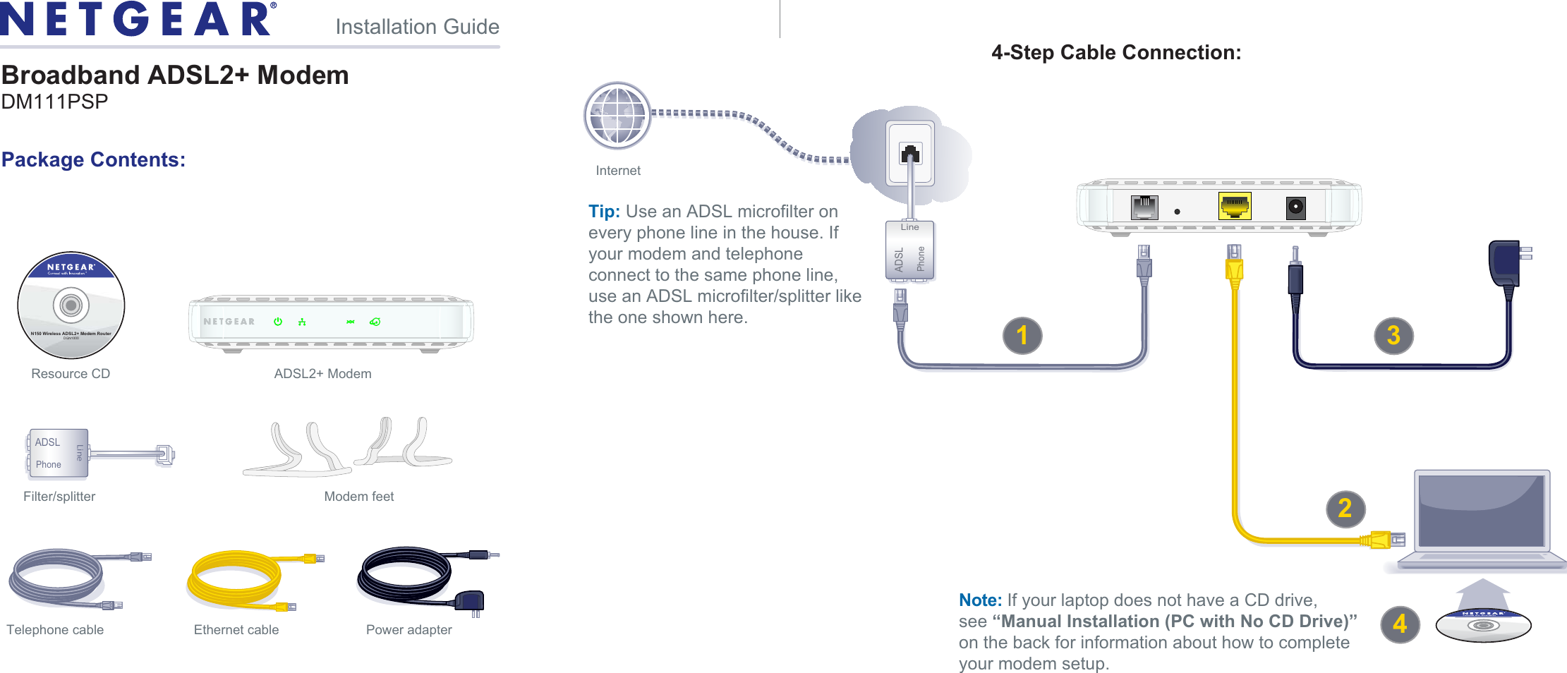 Page 1 of 2 - Netgear Netgear-Dm111Pspv2-Quick-Start-Guide Broadband ADSL+ Wireless Modem DM111PSP Installation Guide