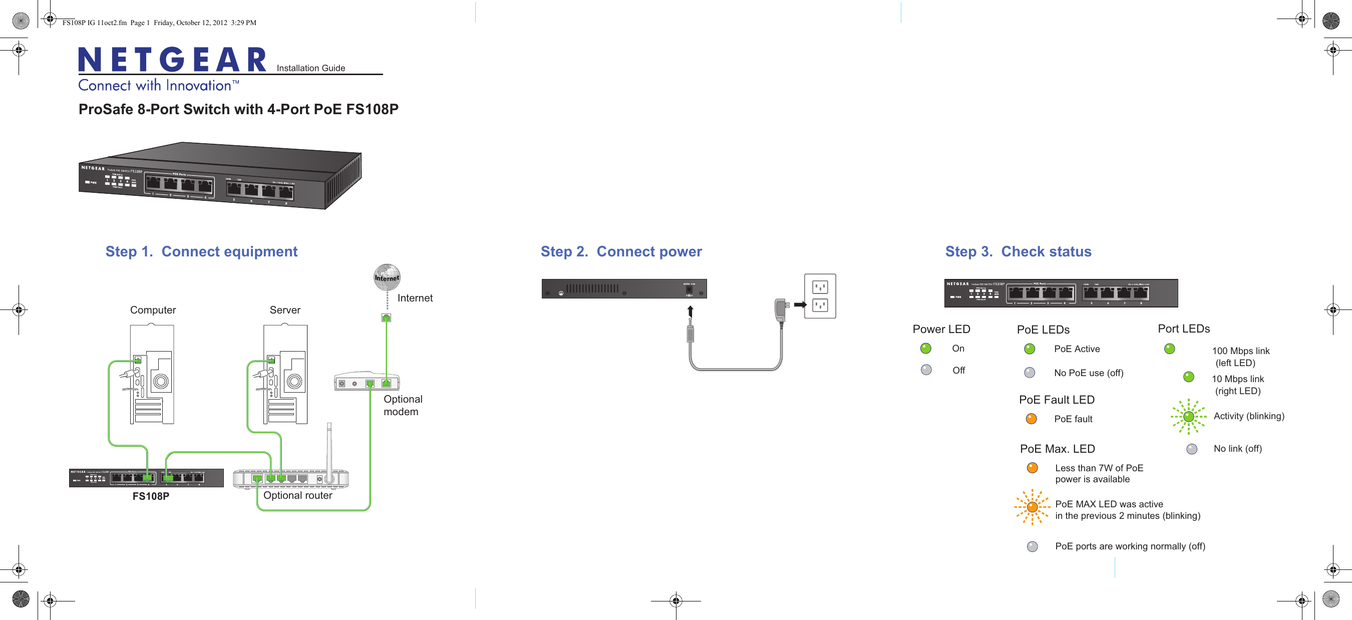 Page 1 of 2 - Netgear Netgear-Fs108P-Quick-Start-Guide ProSafe 8-port Switch With 4-Port PoE FS108P Installation Guide