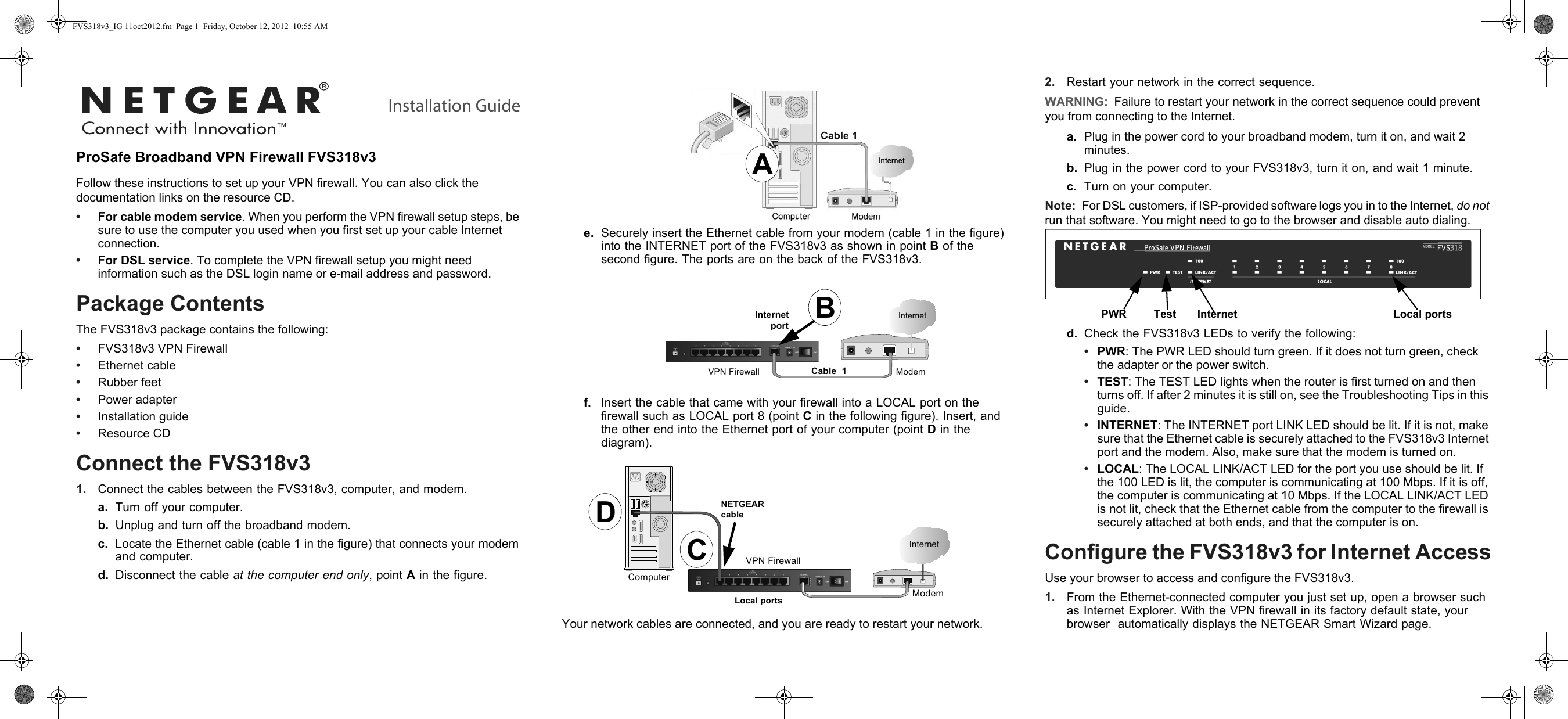 Page 1 of 2 - Netgear Netgear-Fvs318V3-Quick-Start-Guide ProSafe Broadband VPN Firewall FVS318v3 Installation Guide