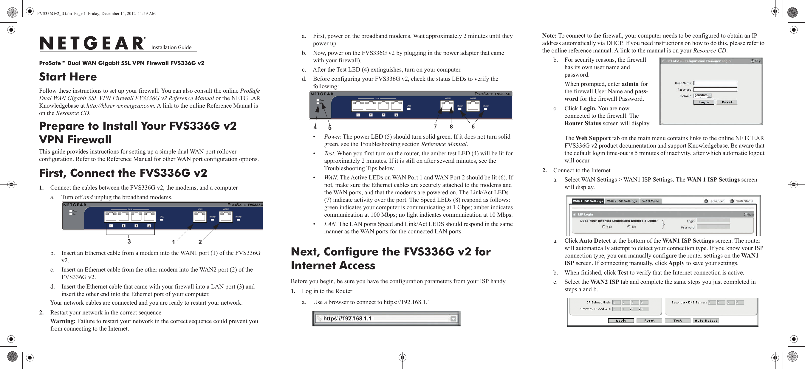 Page 1 of 2 - Netgear Netgear-Fvs336Gv2-Quick-Start-Guide ProSafe Dual WAN Gigabit SSL VPN Firewall FVS336G V2 Installation Guide