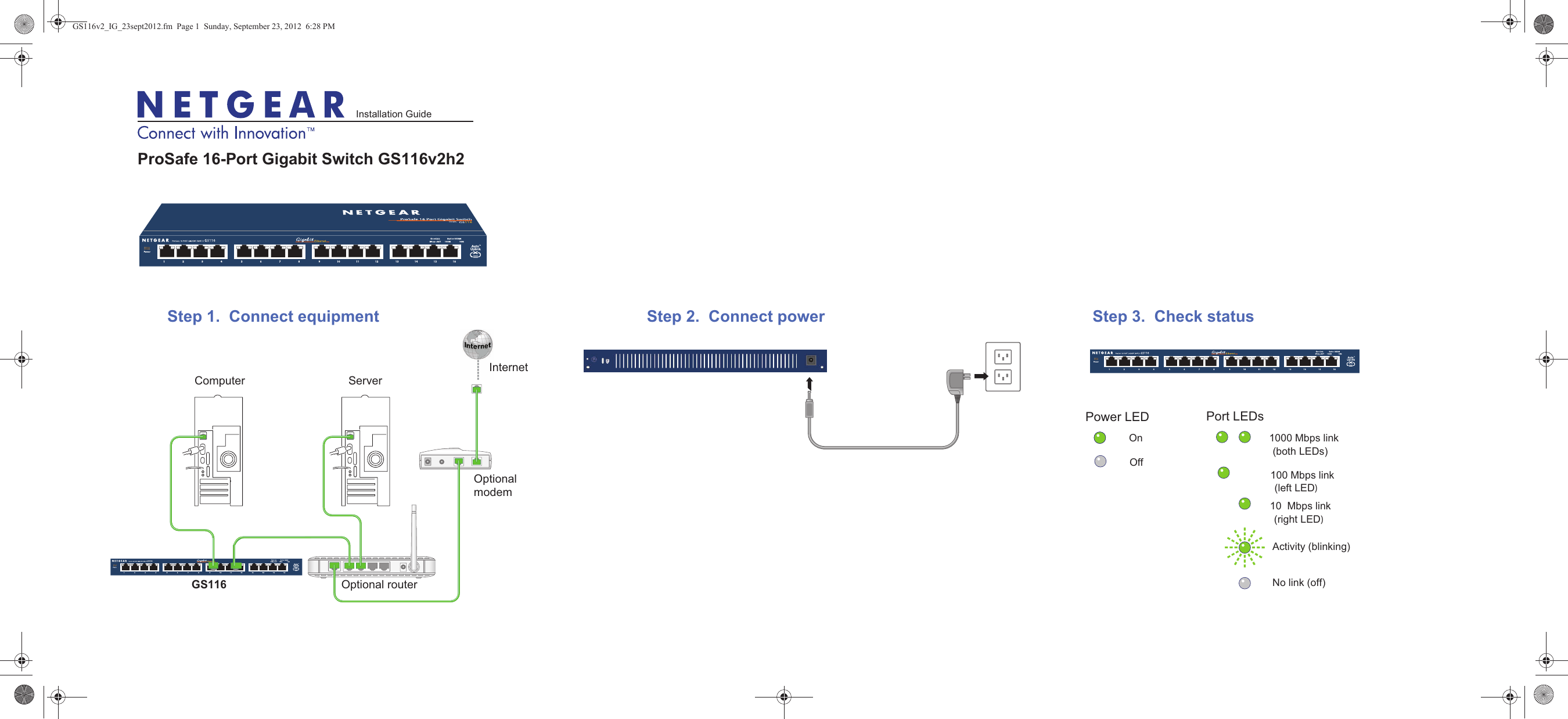 Page 1 of 2 - Netgear Netgear-Gs116V2-Quick-Start-Guide ProSafe 16-Port Gigabit Switch GS116 Installation Guide