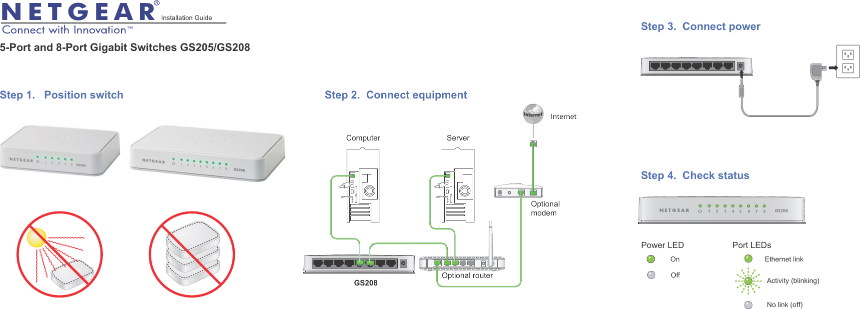 Page 1 of 2 - Netgear Netgear-Gs208-Quick-Start-Guide 5-Port And 8-Port Gigabit Switches GS205/GS208 Installation Guide