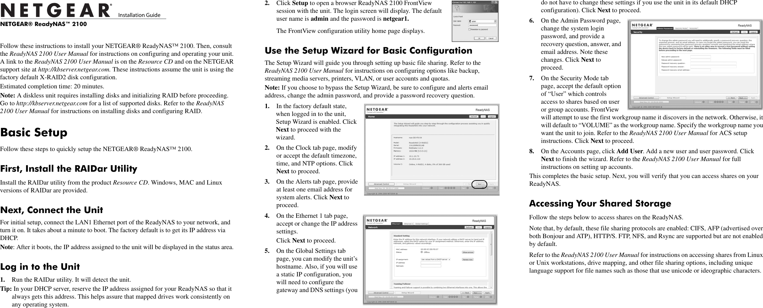 Page 1 of 2 - Netgear Netgear-Readynas-2100-Users-Manual- ReadyNAS_2100_IG_06Feb09  Netgear-readynas-2100-users-manual