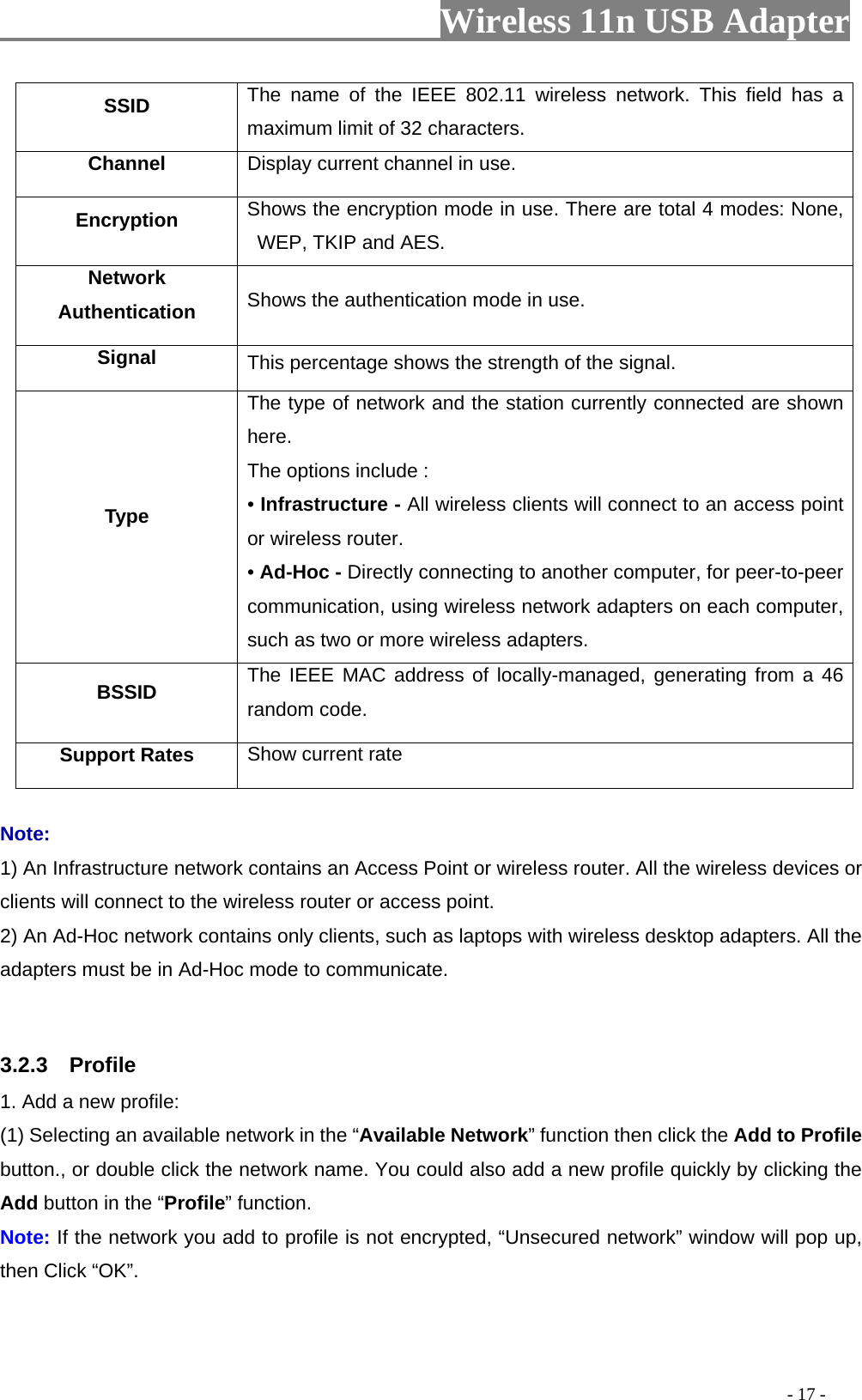                     Wireless 11n USB Adapter       SSID The name of the IEEE 802.11 wireless network. This field has a maximum limit of 32 characters. Channel Display current channel in use. Encryption  Shows the encryption mode in use. There are total 4 modes: None, WEP, TKIP and AES. Network Authentication  Shows the authentication mode in use. Signal  This percentage shows the strength of the signal. Type The type of network and the station currently connected are shown here. The options include : • Infrastructure - All wireless clients will connect to an access point or wireless router. • Ad-Hoc - Directly connecting to another computer, for peer-to-peer communication, using wireless network adapters on each computer, such as two or more wireless adapters. BSSID  The IEEE MAC address of locally-managed, generating from a 46 random code. Support Rates  Show current rate  Note: 1) An Infrastructure network contains an Access Point or wireless router. All the wireless devices or clients will connect to the wireless router or access point. 2) An Ad-Hoc network contains only clients, such as laptops with wireless desktop adapters. All the adapters must be in Ad-Hoc mode to communicate.  3.2.3  Profile 1. Add a new profile:   (1) Selecting an available network in the “Available Network” function then click the Add to Profile button., or double click the network name. You could also add a new profile quickly by clicking the Add button in the “Profile” function. Note: If the network you add to profile is not encrypted, “Unsecured network” window will pop up, then Click “OK”.                                                                                         - 17 - 