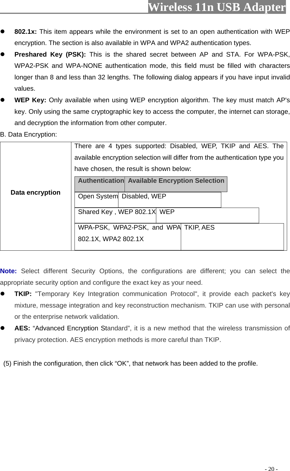                     Wireless 11n USB Adapter        802.1x: This item appears while the environment is set to an open authentication with WEP encryption. The section is also available in WPA and WPA2 authentication types.  Preshared Key (PSK): This is the shared secret between AP and STA. For WPA-PSK, WPA2-PSK and WPA-NONE authentication mode, this field must be filled with characters longer than 8 and less than 32 lengths. The following dialog appears if you have input invalid values.  WEP Key: Only available when using WEP encryption algorithm. The key must match AP&apos;s key. Only using the same cryptographic key to access the computer, the internet can storage, and decryption the information from other computer. B. Data Encryption: Data encryption There are 4 types supported: Disabled, WEP, TKIP and AES. The available encryption selection will differ from the authentication type you have chosen, the result is shown below: Authentication   Available Encryption Selection  Open System Disabled, WEP    Shared Key , WEP 802.1X  WEP   WPA-PSK, WPA2-PSK, and WPA 802.1X, WPA2 802.1X TKIP, AES   Note:  Select different Security Options, the configurations are different; you can select the appropriate security option and configure the exact key as your need.  TKIP: &quot;Temporary Key Integration communication Protocol&quot;, it provide each packet&apos;s key mixture, message integration and key reconstruction mechanism. TKIP can use with personal or the enterprise network validation.  AES: “Advanced Encryption Standard”, it is a new method that the wireless transmission of privacy protection. AES encryption methods is more careful than TKIP.    (5) Finish the configuration, then click “OK”, that network has been added to the profile.                                                                                         - 20 - 