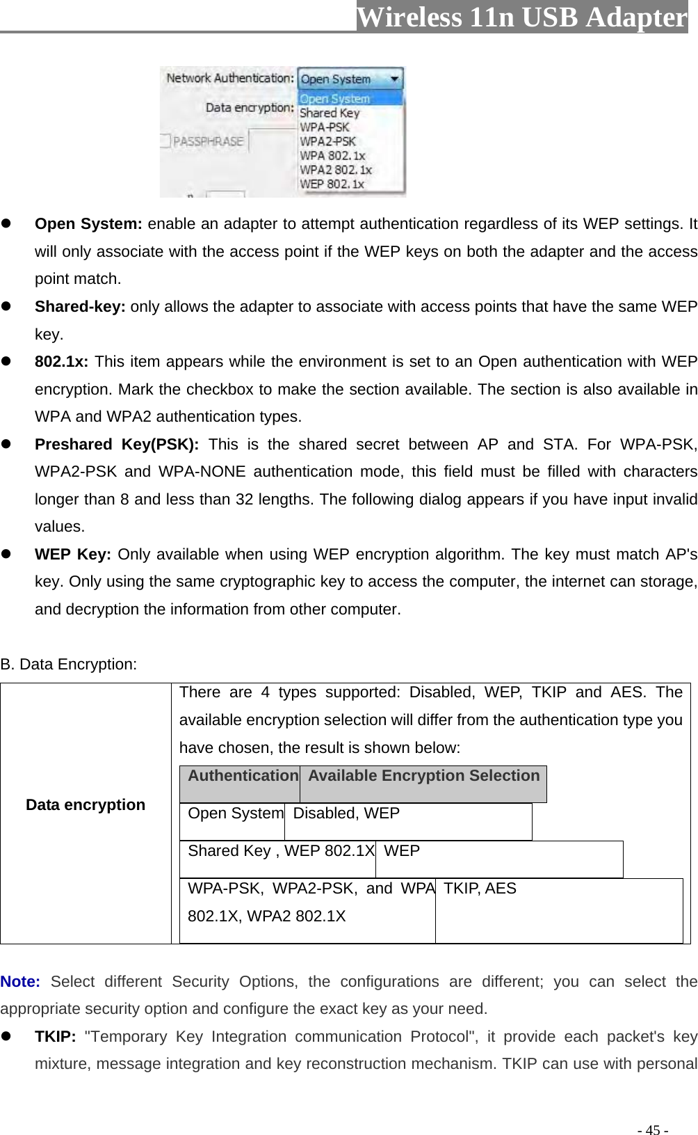                     Wireless 11n USB Adapter                                Open System: enable an adapter to attempt authentication regardless of its WEP settings. It will only associate with the access point if the WEP keys on both the adapter and the access point match.  Shared-key: only allows the adapter to associate with access points that have the same WEP key.  802.1x: This item appears while the environment is set to an Open authentication with WEP encryption. Mark the checkbox to make the section available. The section is also available in WPA and WPA2 authentication types.  Preshared Key(PSK): This is the shared secret between AP and STA. For WPA-PSK, WPA2-PSK and WPA-NONE authentication mode, this field must be filled with characters longer than 8 and less than 32 lengths. The following dialog appears if you have input invalid values.  WEP Key: Only available when using WEP encryption algorithm. The key must match AP&apos;s key. Only using the same cryptographic key to access the computer, the internet can storage, and decryption the information from other computer.  B. Data Encryption: Data encryption There are 4 types supported: Disabled, WEP, TKIP and AES. The available encryption selection will differ from the authentication type you have chosen, the result is shown below: Authentication   Available Encryption Selection  Open System Disabled, WEP    Shared Key , WEP 802.1X  WEP   WPA-PSK, WPA2-PSK, and WPA 802.1X, WPA2 802.1X TKIP, AES   Note:  Select different Security Options, the configurations are different; you can select the appropriate security option and configure the exact key as your need.  TKIP: &quot;Temporary Key Integration communication Protocol&quot;, it provide each packet&apos;s key mixture, message integration and key reconstruction mechanism. TKIP can use with personal                                                                                         - 45 - 